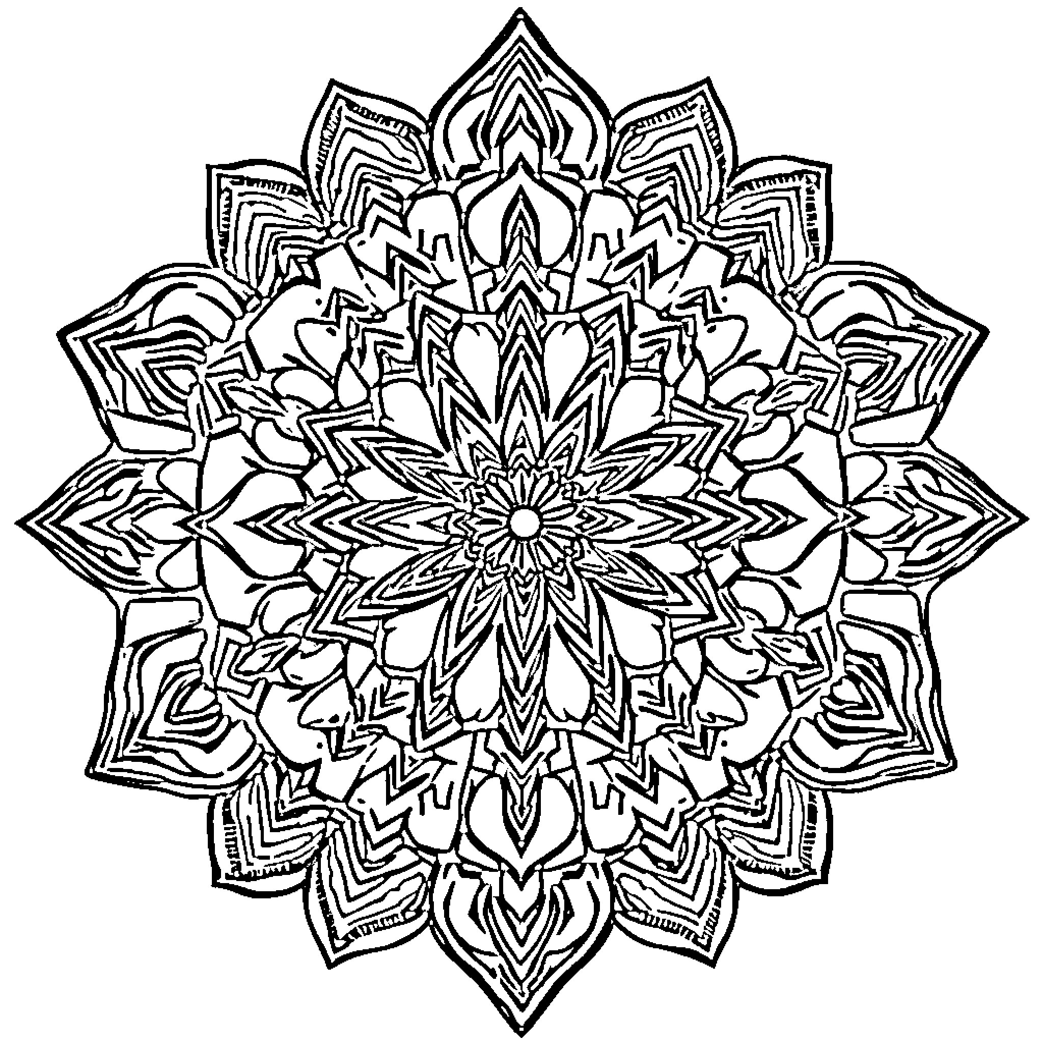 Mandalas of intricate geometric designs Coloring Page (free black-and-white line drawing printable PDF for all, from beginners to advanced learners, including children, teens, adults, and seniors)