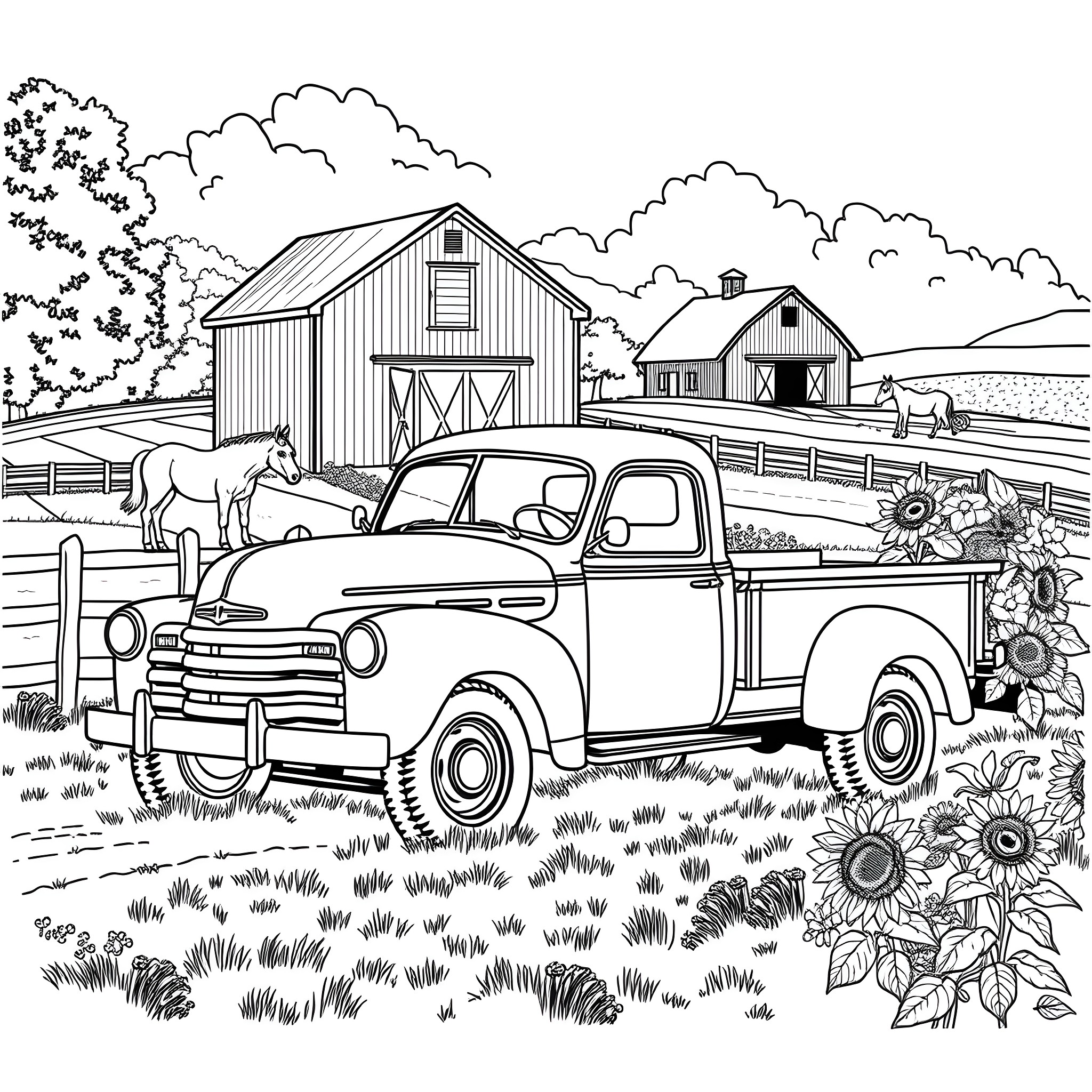 Truck Transporting Produce on a Farm Coloring Page (free black-and-white line drawing printable PDF for all, from beginners to advanced learners, including children, teens, adults, and seniors)