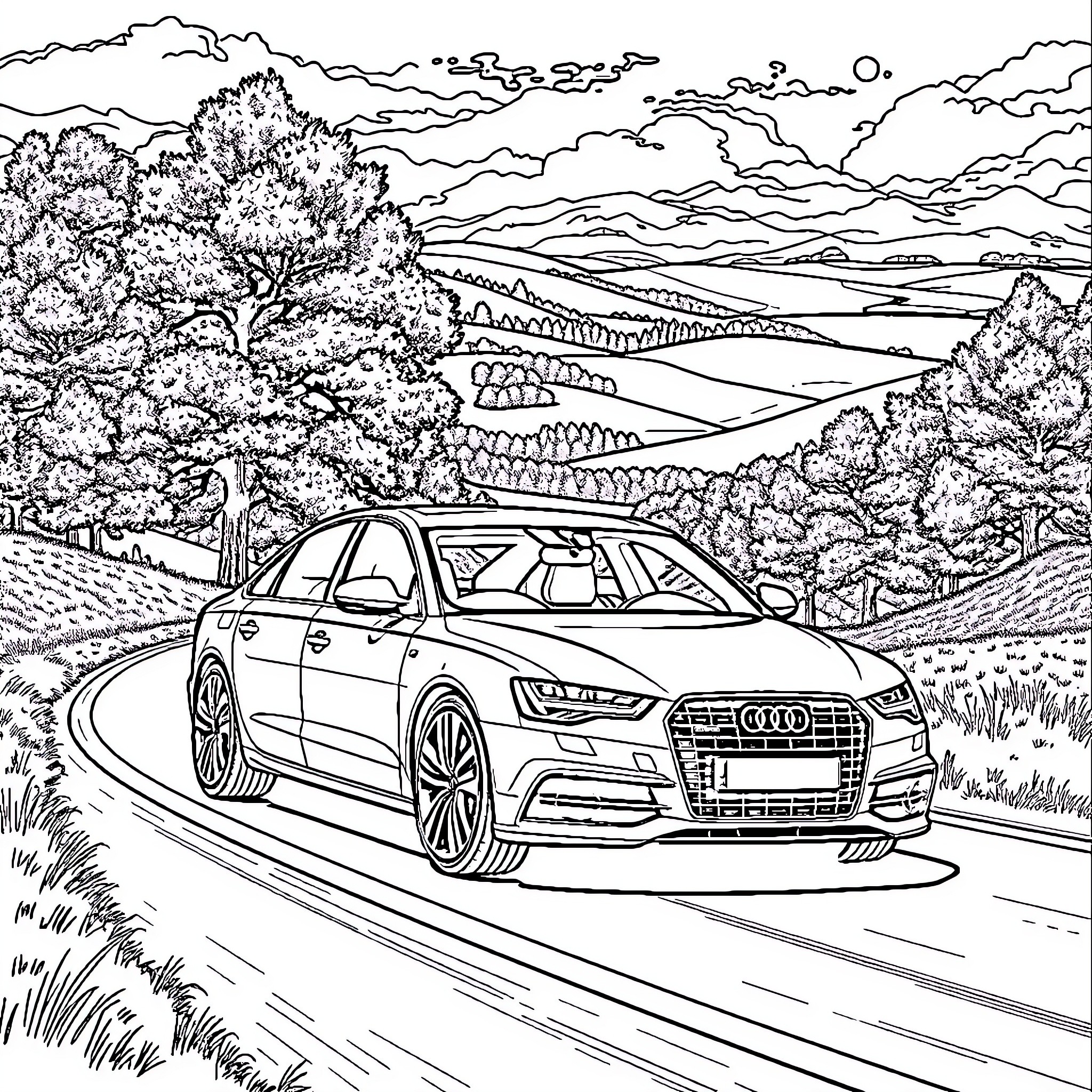 Audi A6 driving through scenic countryside Coloring Page (free black-and-white line drawing printable PDF for all, from beginners to advanced learners, including children, teens, adults, and seniors)