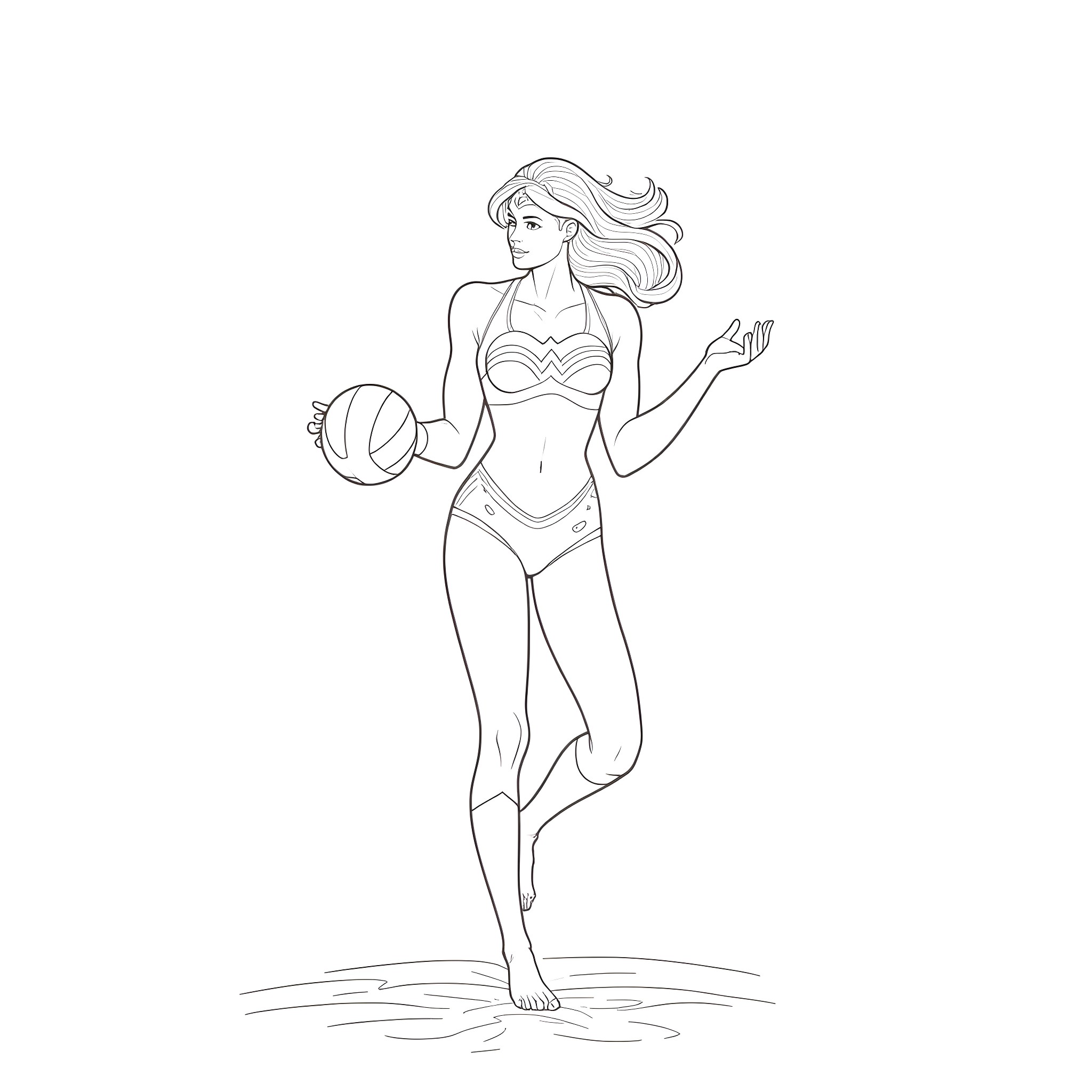 Wonder Woman posing with beach ball in swimsuit Coloring Page (free black-and-white line drawing printable PDF for all, from beginners to advanced learners, including children, teens, adults, and seniors)