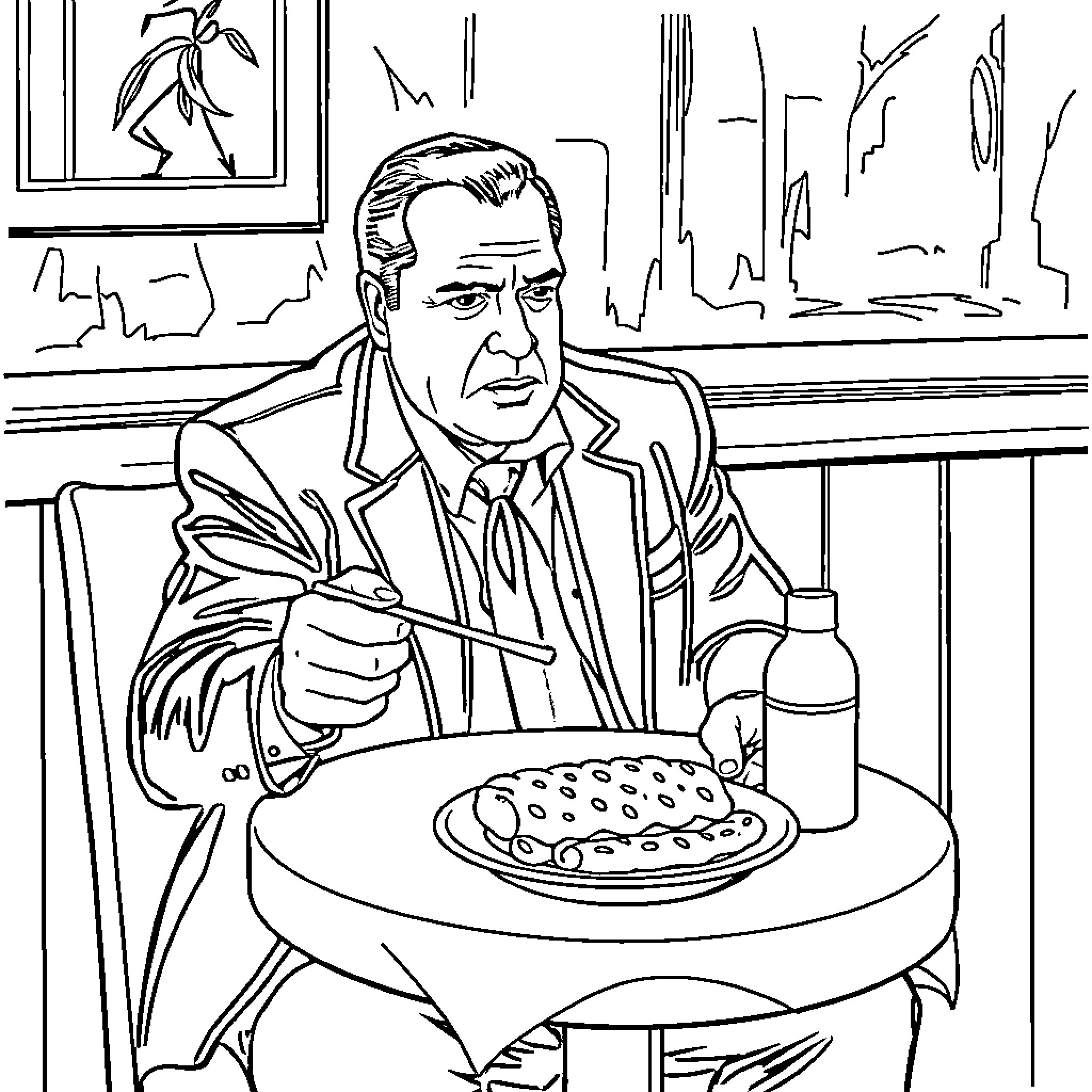 Tony Soprano enjoying a hearty meal in his office Coloring Page (free black-and-white line drawing printable PDF for all, from beginners to advanced learners, including children, teens, adults, and seniors)