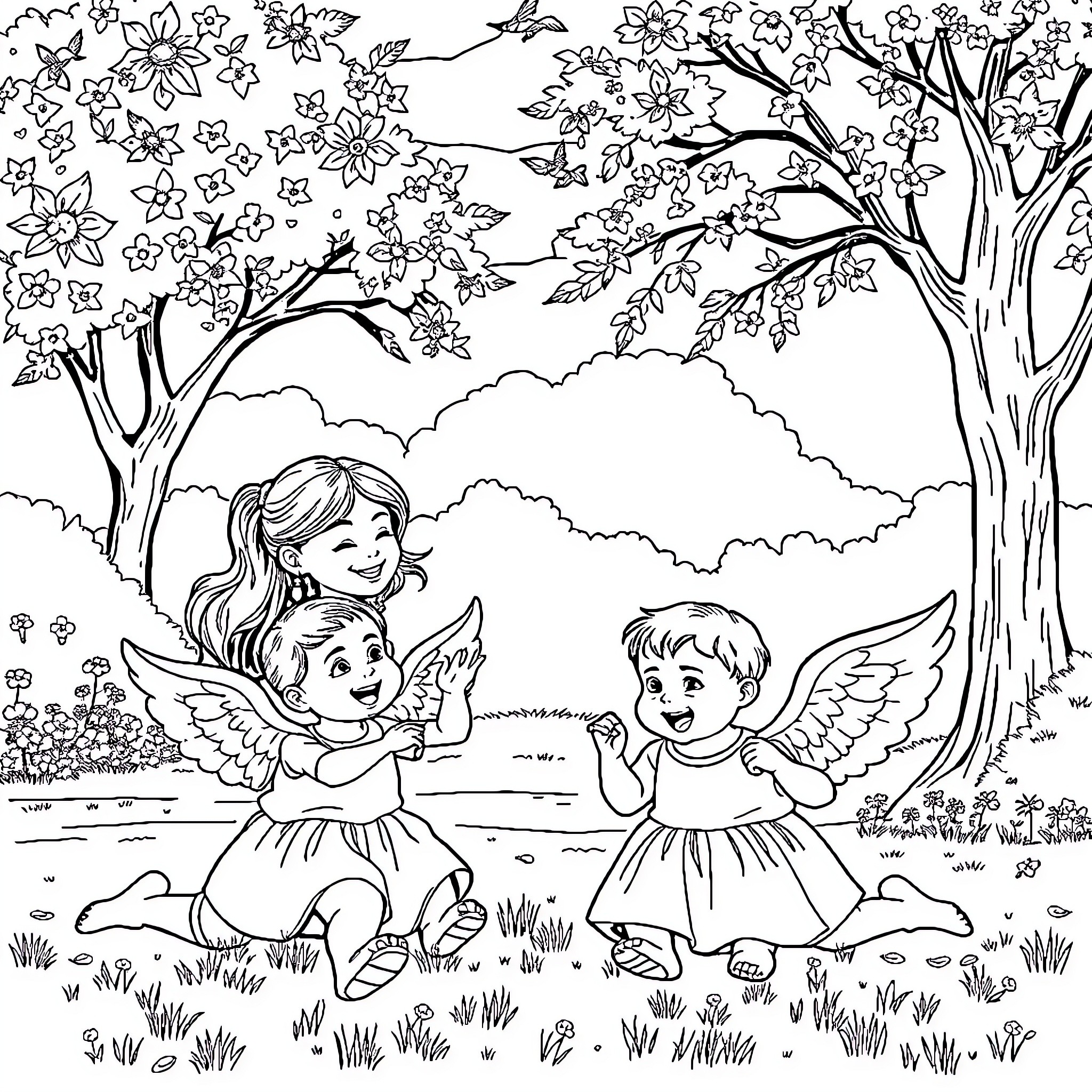 Woman and children playing joyfully in a flowery meadow Coloring Page (free black-and-white line drawing printable PDF for all, from beginners to advanced learners, including children, teens, adults, and seniors)