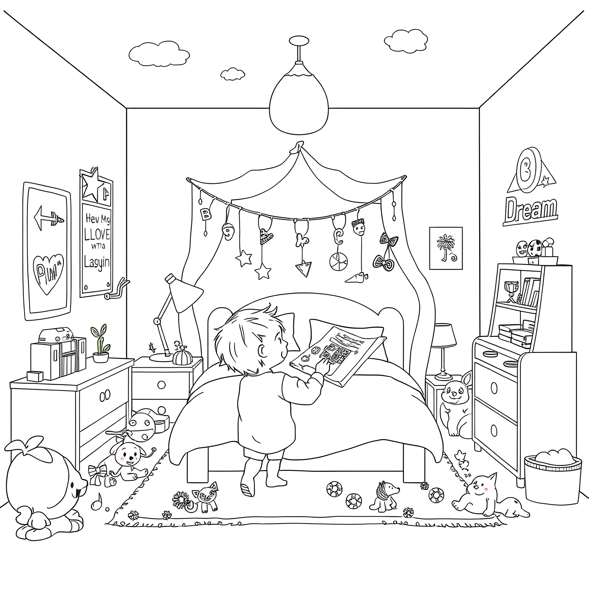 Child reading book in cozy bedroom Coloring Page (free black-and-white line drawing printable PDF for all, from beginners to advanced learners, including children, teens, adults, and seniors)