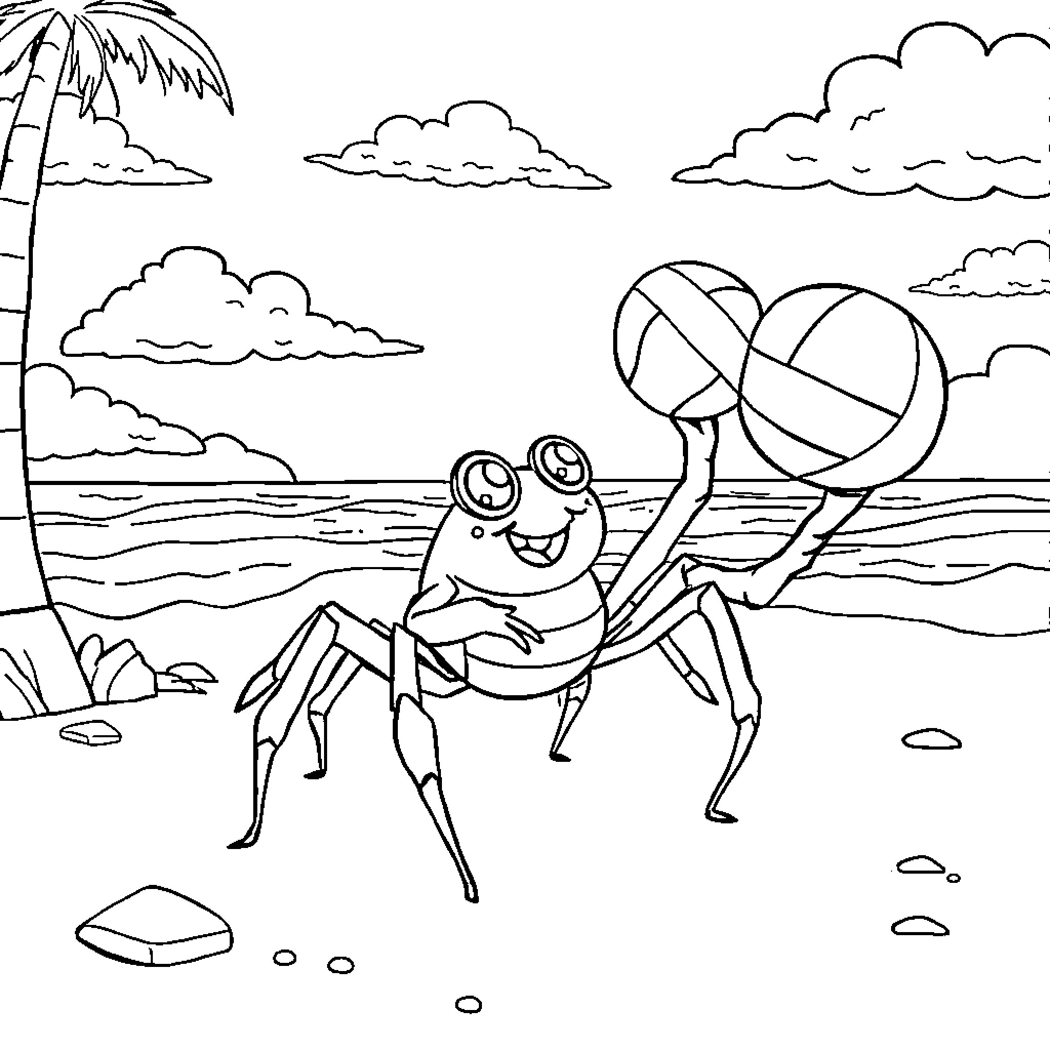 Spider dancing on the beach with beach ball Coloring Page (free black-and-white line drawing printable PDF for all, from beginners to advanced learners, including children, teens, adults, and seniors)