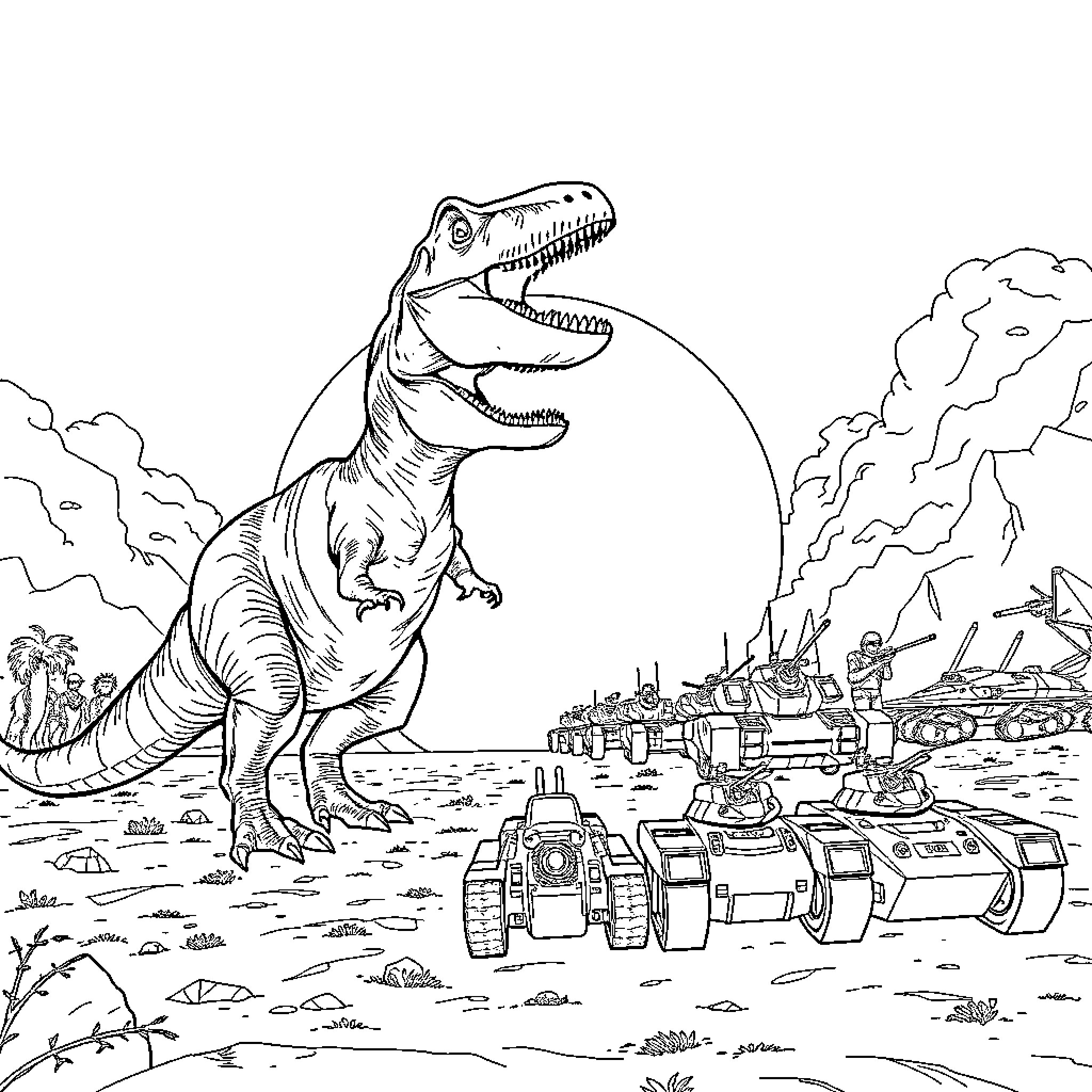 T-Rex threatening military vehicles in the wilderness Coloring Page (free black-and-white line drawing printable PDF for all, from beginners to advanced learners, including children, teens, adults, and seniors)
