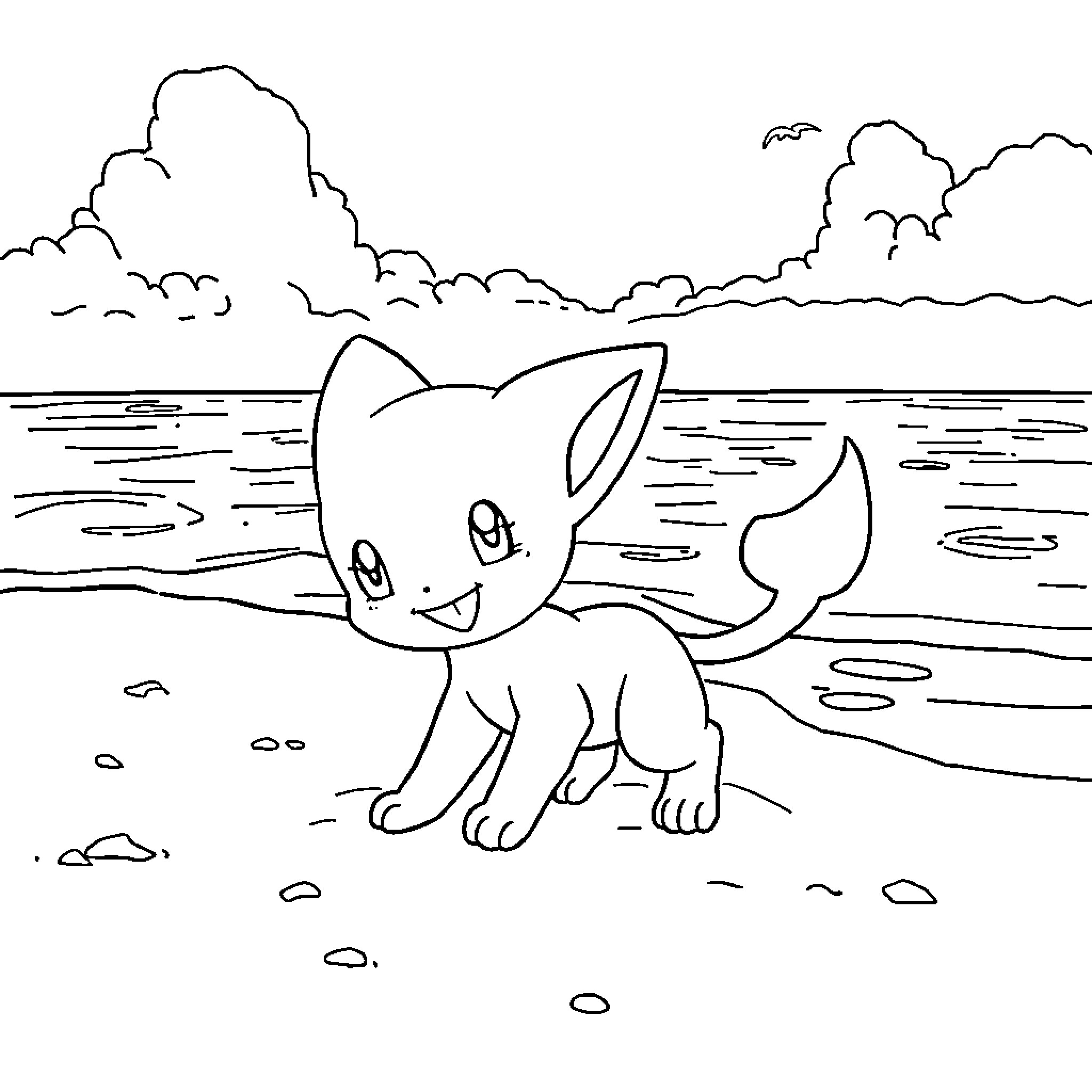 Mew walking happily along the sunny beach Coloring Page (free black-and-white line drawing printable PDF for all, from beginners to advanced learners, including children, teens, adults, and seniors)
