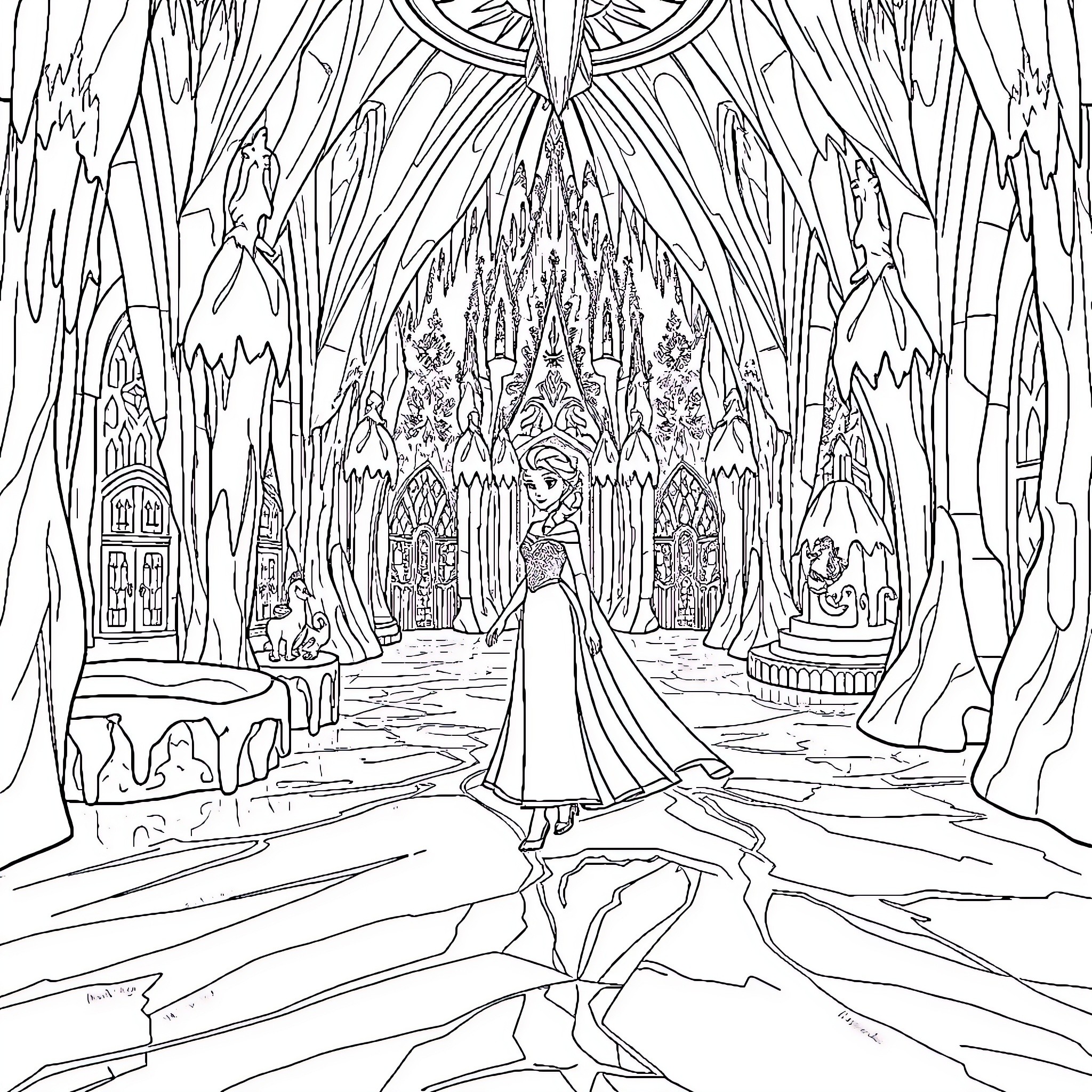 Elsa's Enchanting Palace in Winter Wonderland Coloring Page (free black-and-white line drawing printable PDF for all, from beginners to advanced learners, including children, teens, adults, and seniors)