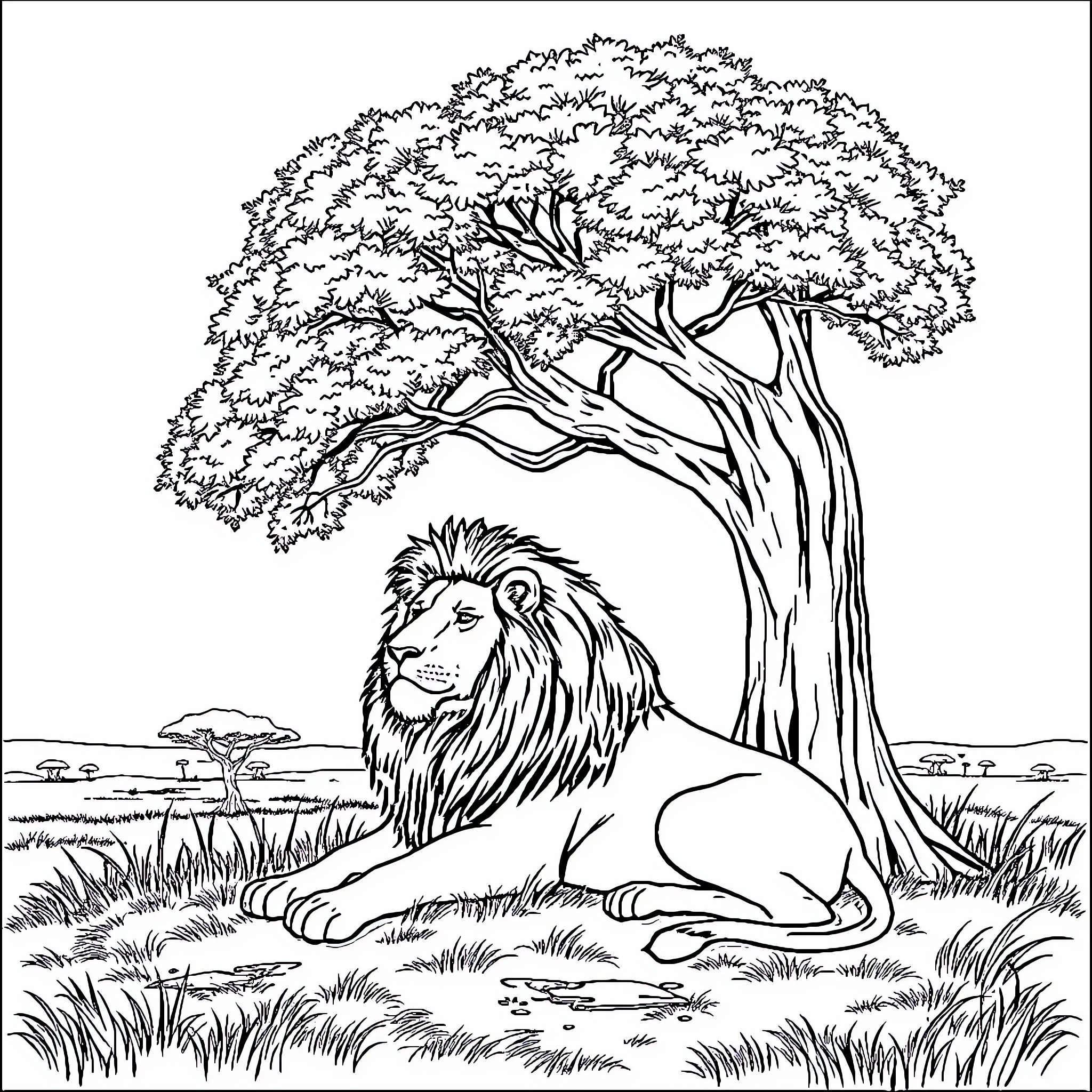 Lion resting beneath a majestic tree Coloring Page (free black-and-white line drawing printable PDF for all, from beginners to advanced learners, including children, teens, adults, and seniors)