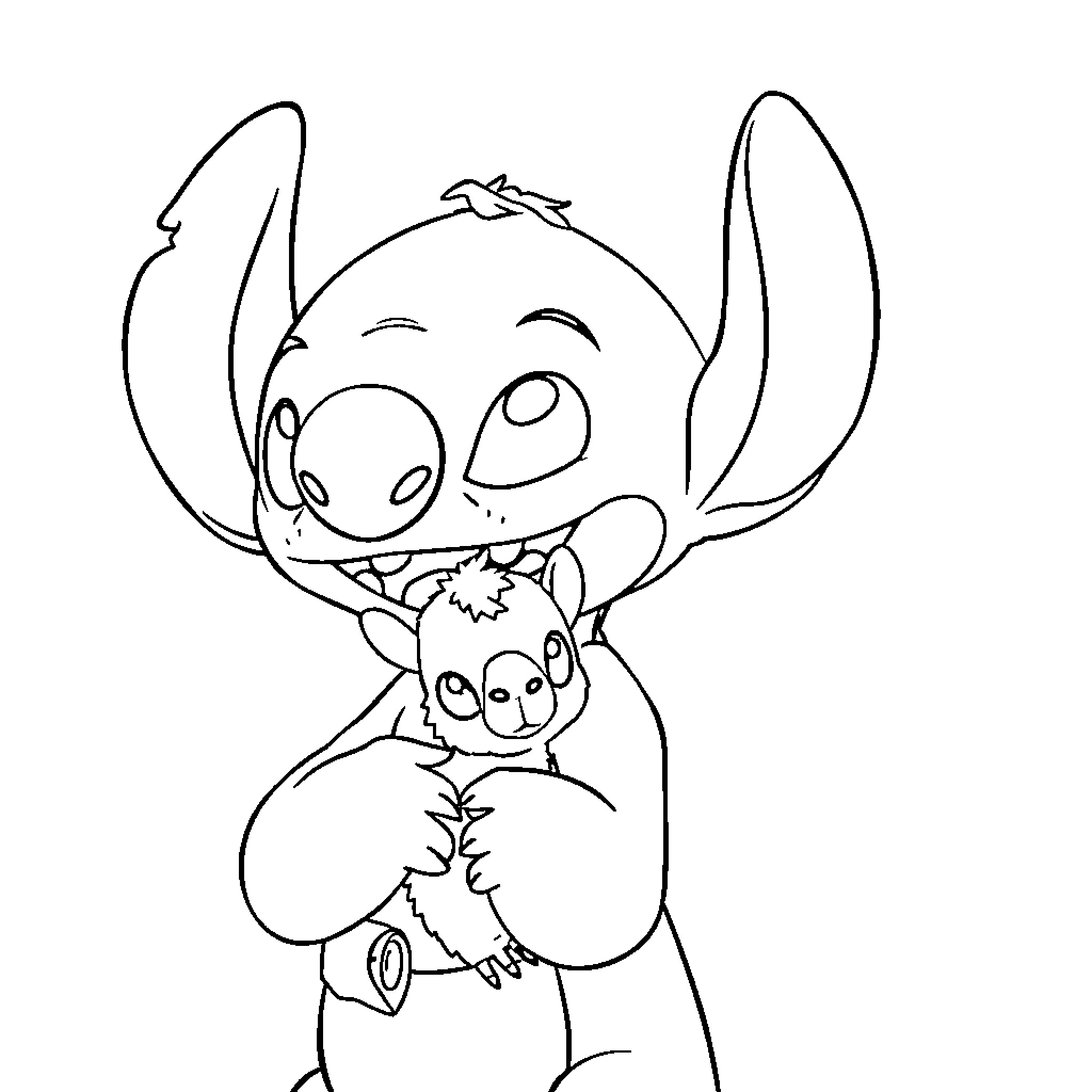 Stitch cuddling a cute plush toy Coloring Page (free black-and-white line drawing printable PDF for all, from beginners to advanced learners, including children, teens, adults, and seniors)