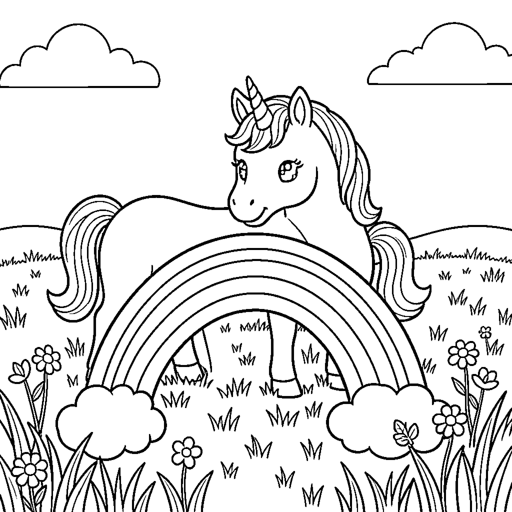 Unicorn standing peacefully behind a large rainbow Coloring Page (free black-and-white line drawing printable PDF for all, from beginners to advanced learners, including children, teens, adults, and seniors)
