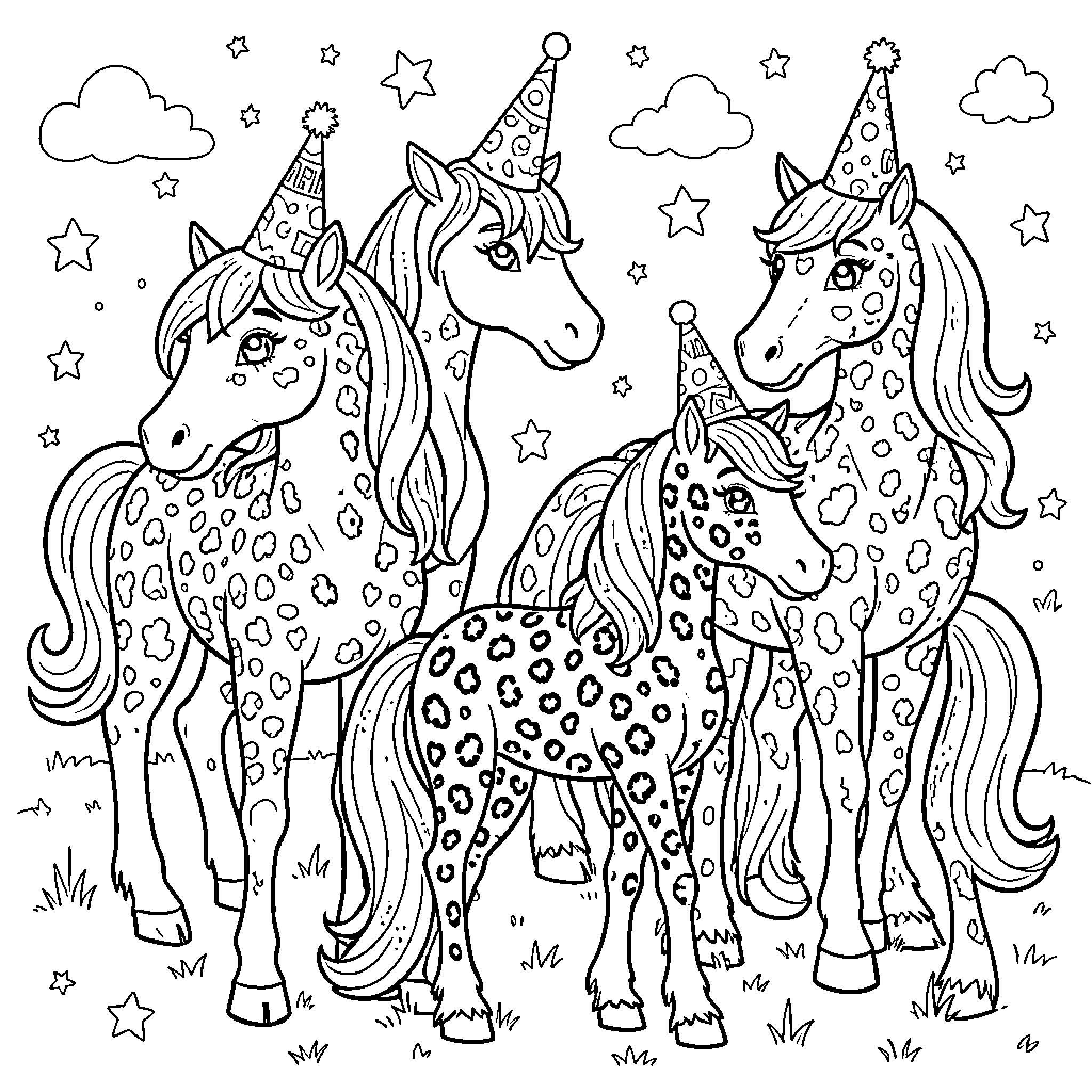Unicorns celebrating in a starry night scene Coloring Page (free black-and-white line drawing printable PDF for all, from beginners to advanced learners, including children, teens, adults, and seniors)