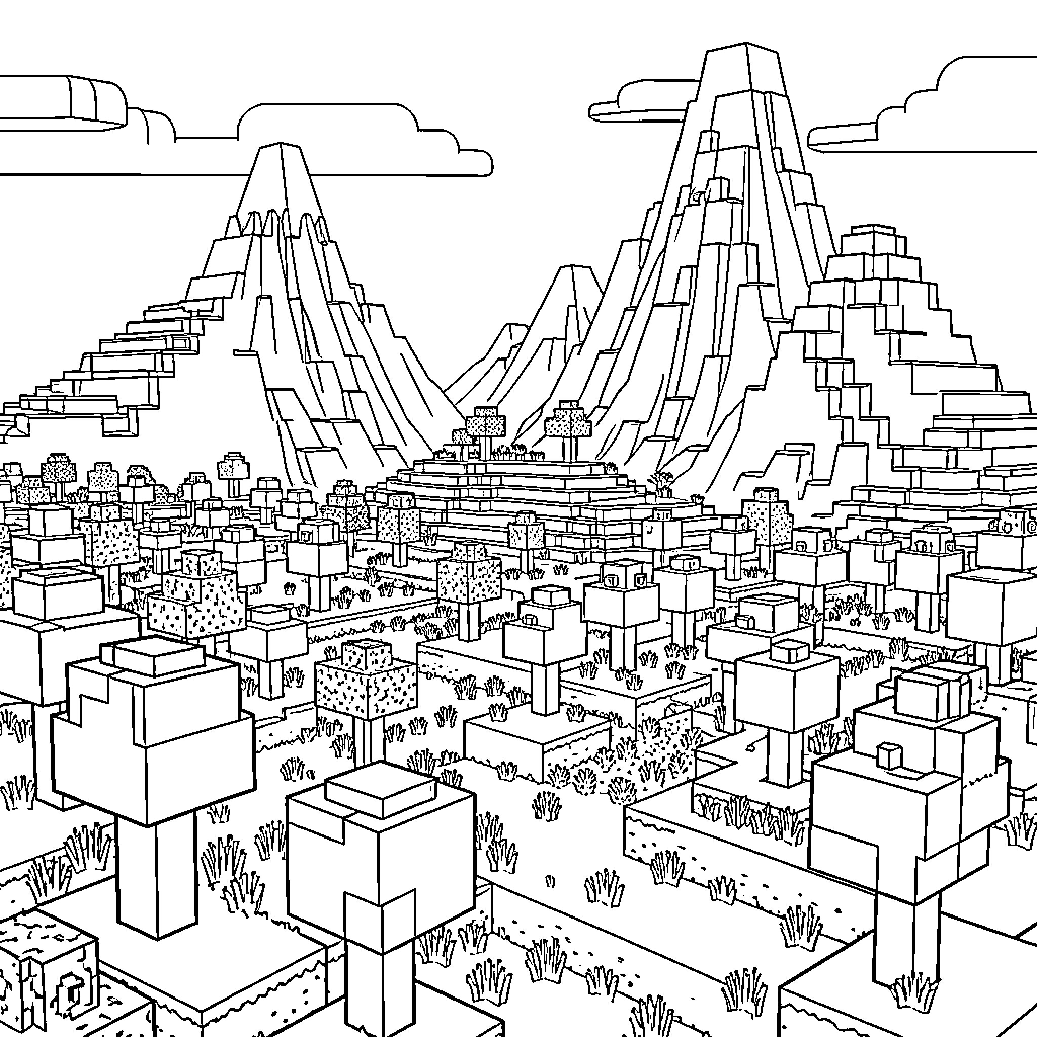 Minecraft Cityscape with Towering Mountains Coloring Page (free black-and-white line drawing printable PDF for all, from beginners to advanced learners, including children, teens, adults, and seniors)