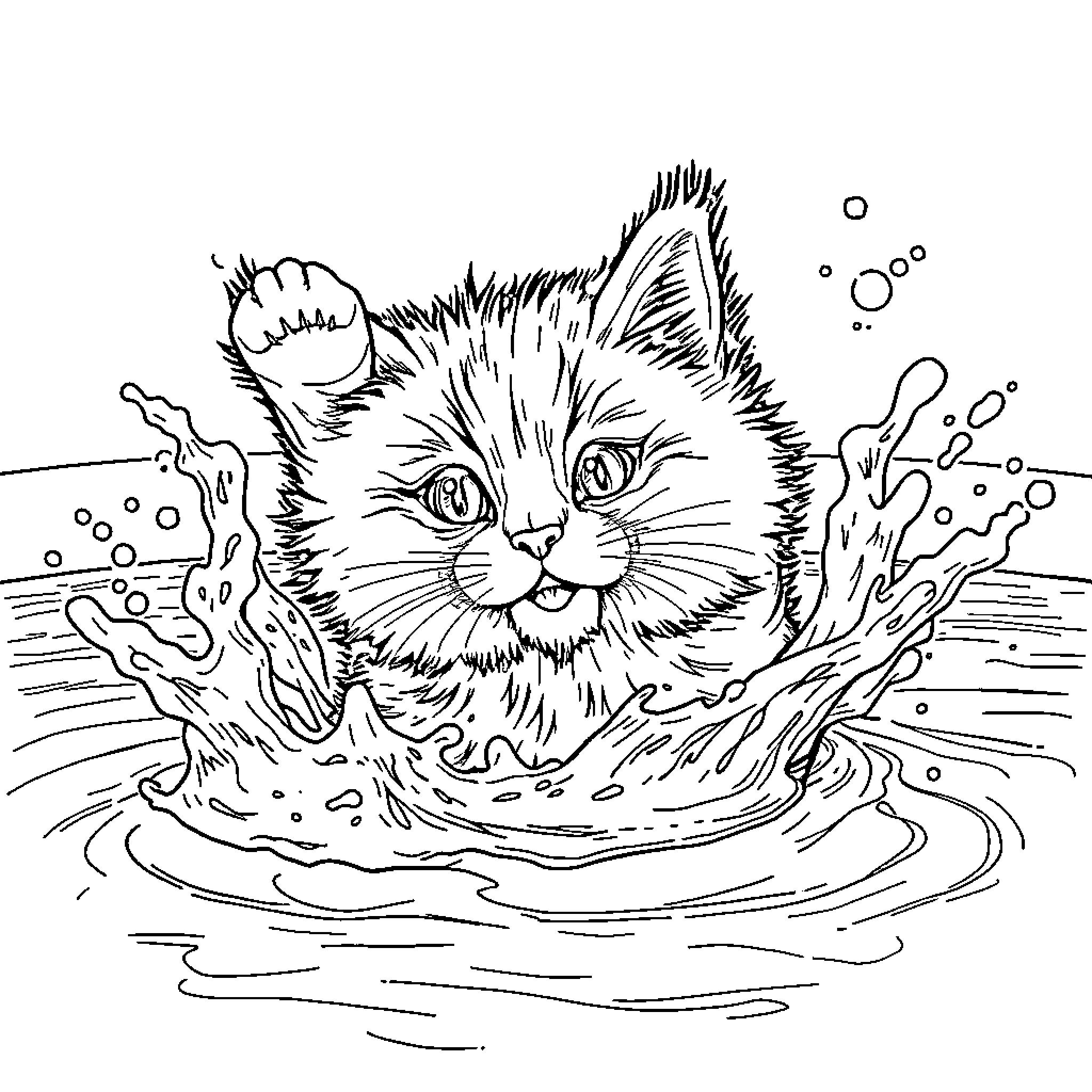 Cat swimming in water with bubbles Coloring Page (free black-and-white line drawing printable PDF for all, from beginners to advanced learners, including children, teens, adults, and seniors)