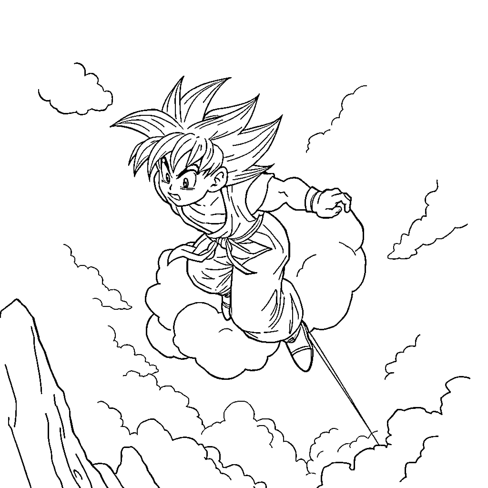 Dragonball character flying through the skies Coloring Page (free black-and-white line drawing printable PDF for all, from beginners to advanced learners, including children, teens, adults, and seniors)