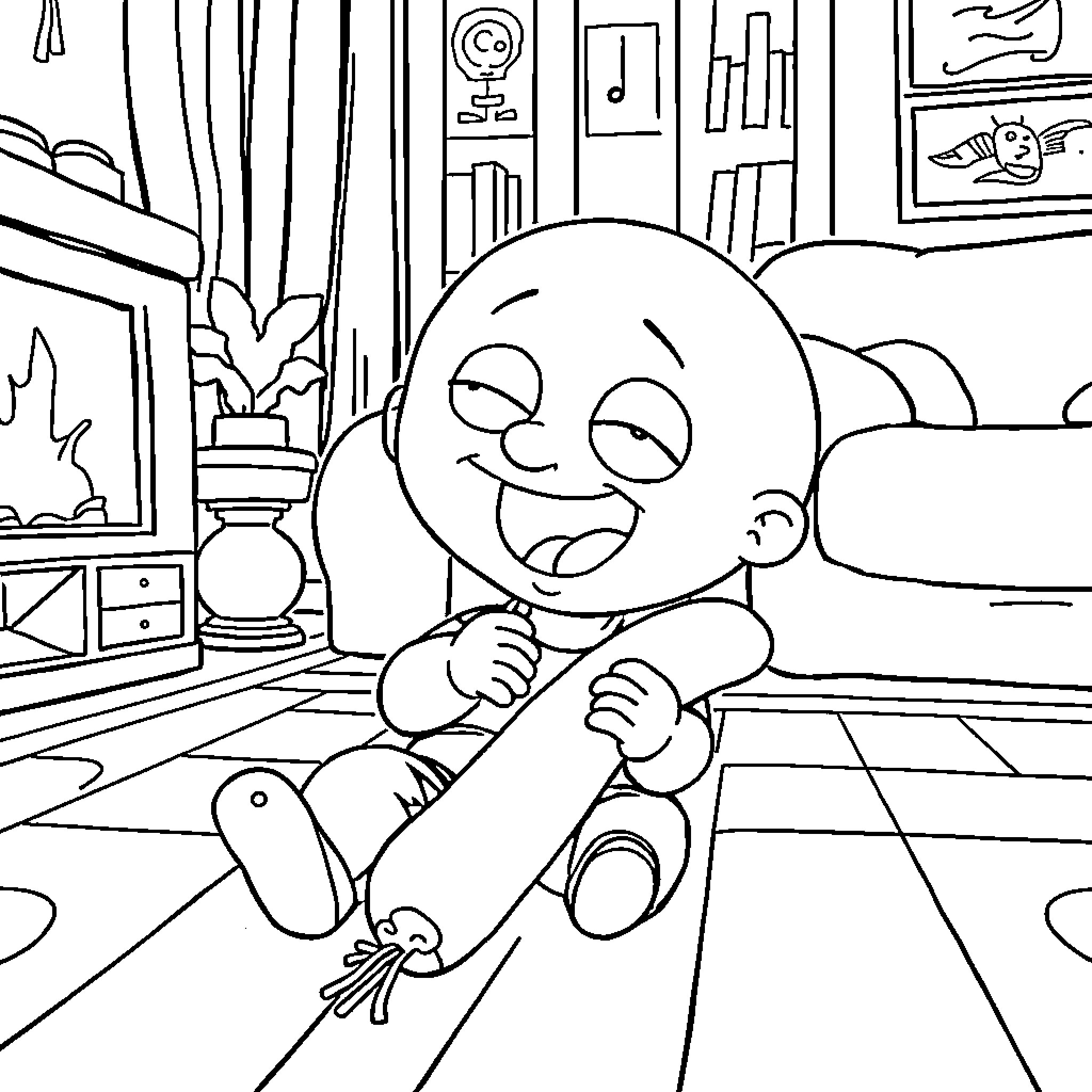 Stewie Playing Happily in Bedroom Coloring Page (free black-and-white line drawing printable PDF for all, from beginners to advanced learners, including children, teens, adults, and seniors)