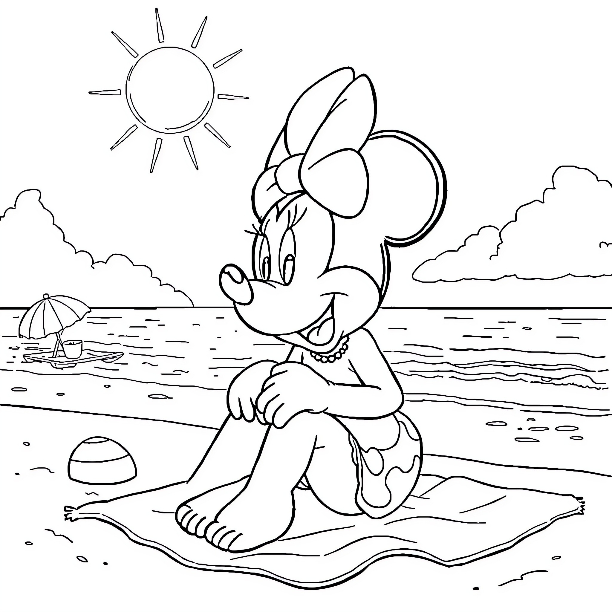 Minnie enjoying a sunny day at the beach Coloring Page (free black-and-white line drawing printable PDF for all, from beginners to advanced learners, including children, teens, adults, and seniors)