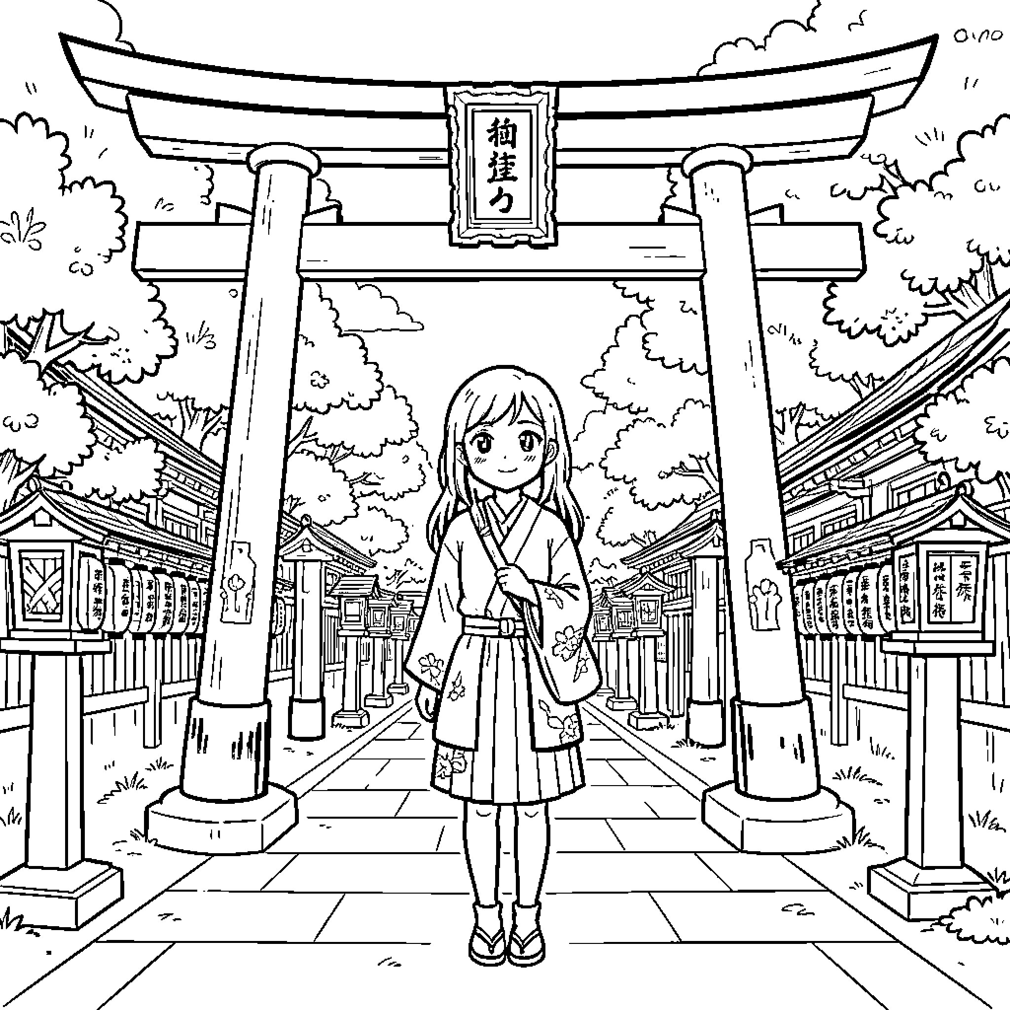 Woman wearing traditional kimono standing under a torii gate Coloring Page (free black-and-white line drawing printable PDF for all, from beginners to advanced learners, including children, teens, adults, and seniors)