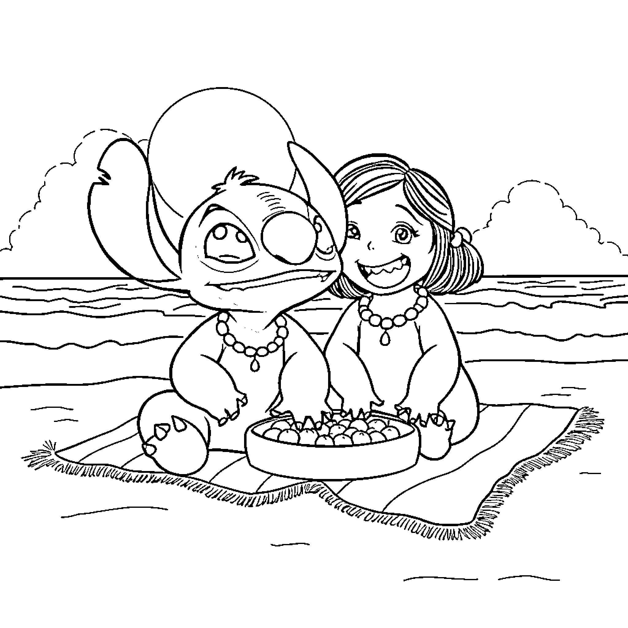 Lilo and friend having a picnic on the beach Coloring Page (free black-and-white line drawing printable PDF for all, from beginners to advanced learners, including children, teens, adults, and seniors)