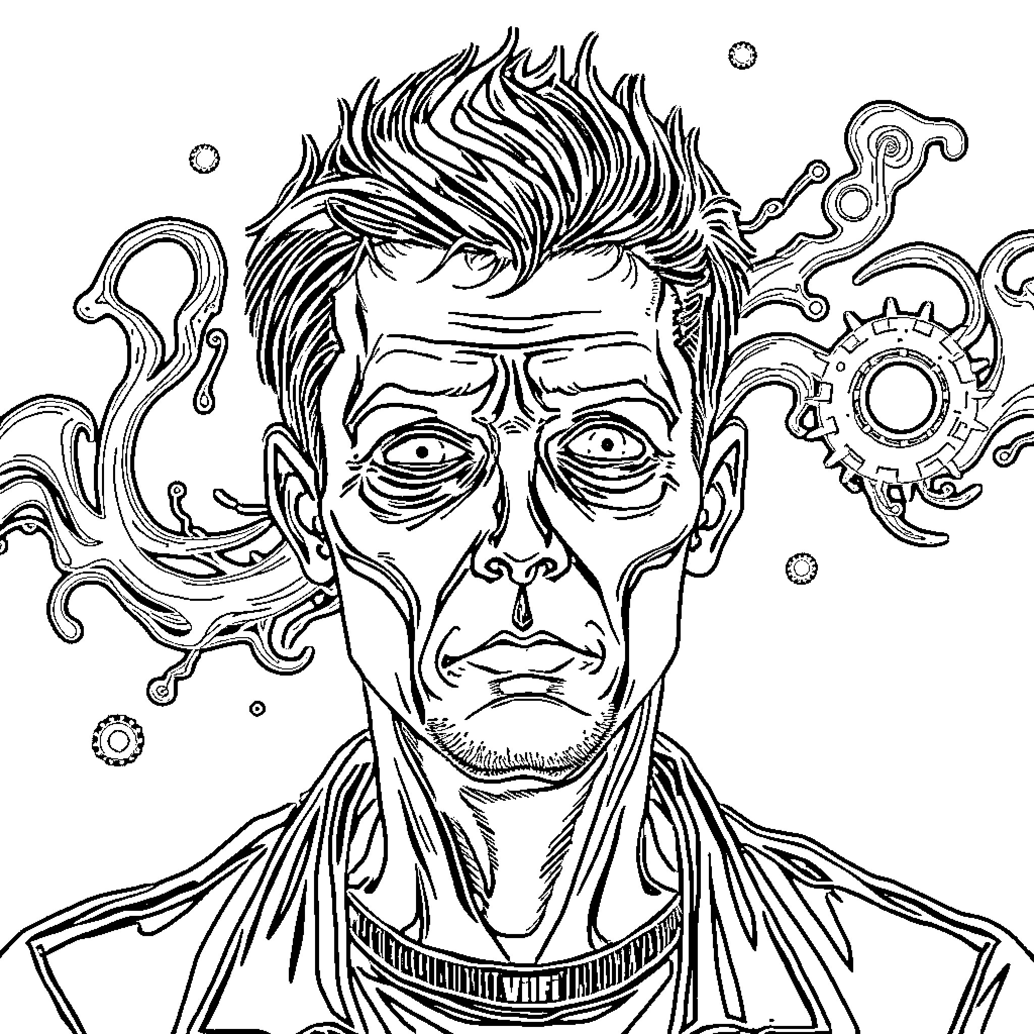 Zombie man with wild expression and chaotic surroundings Coloring Page (free black-and-white line drawing printable PDF for all, from beginners to advanced learners, including children, teens, adults, and seniors)