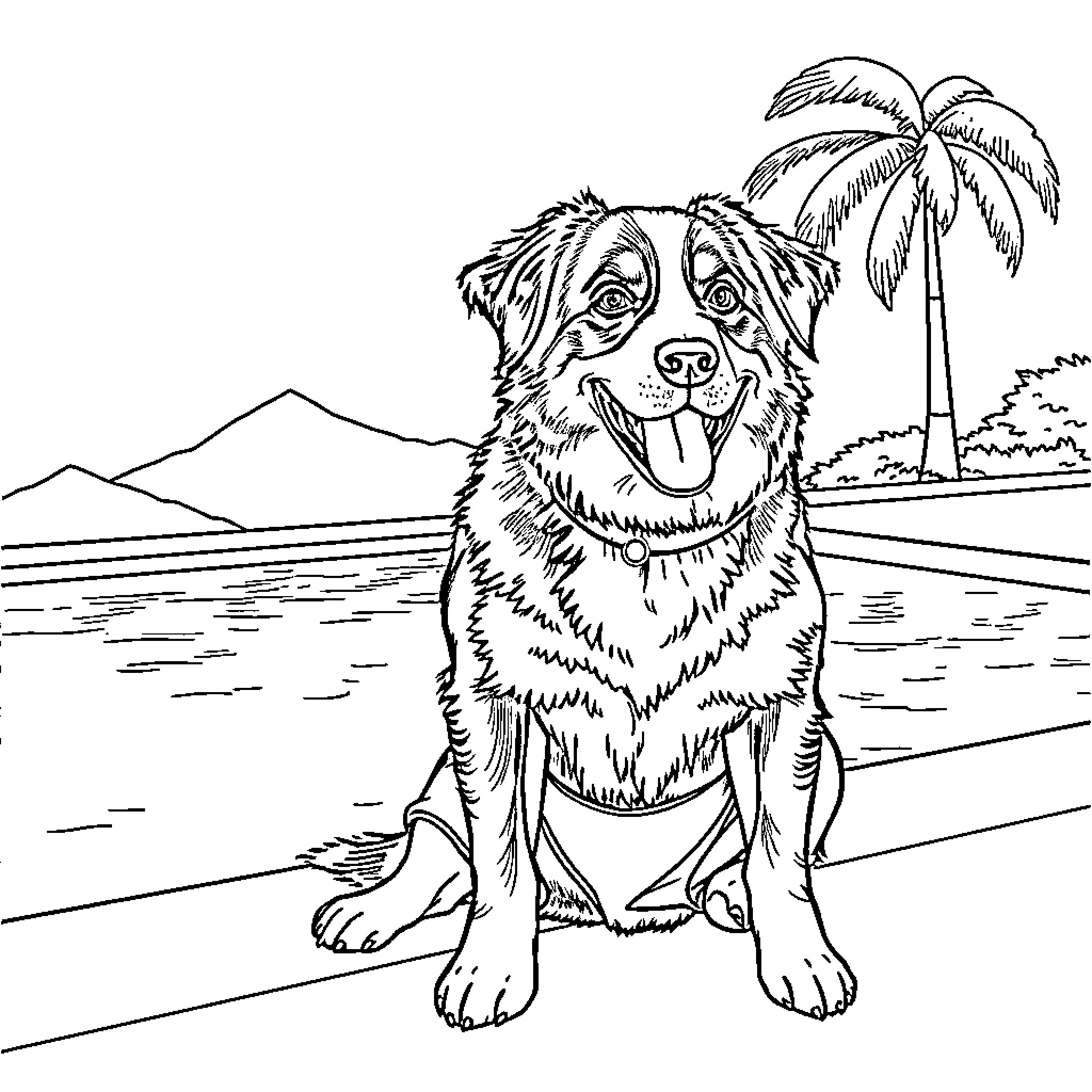 Dog enjoying beach scenery with palm trees Coloring Page (free black-and-white line drawing printable PDF for all, from beginners to advanced learners, including children, teens, adults, and seniors)