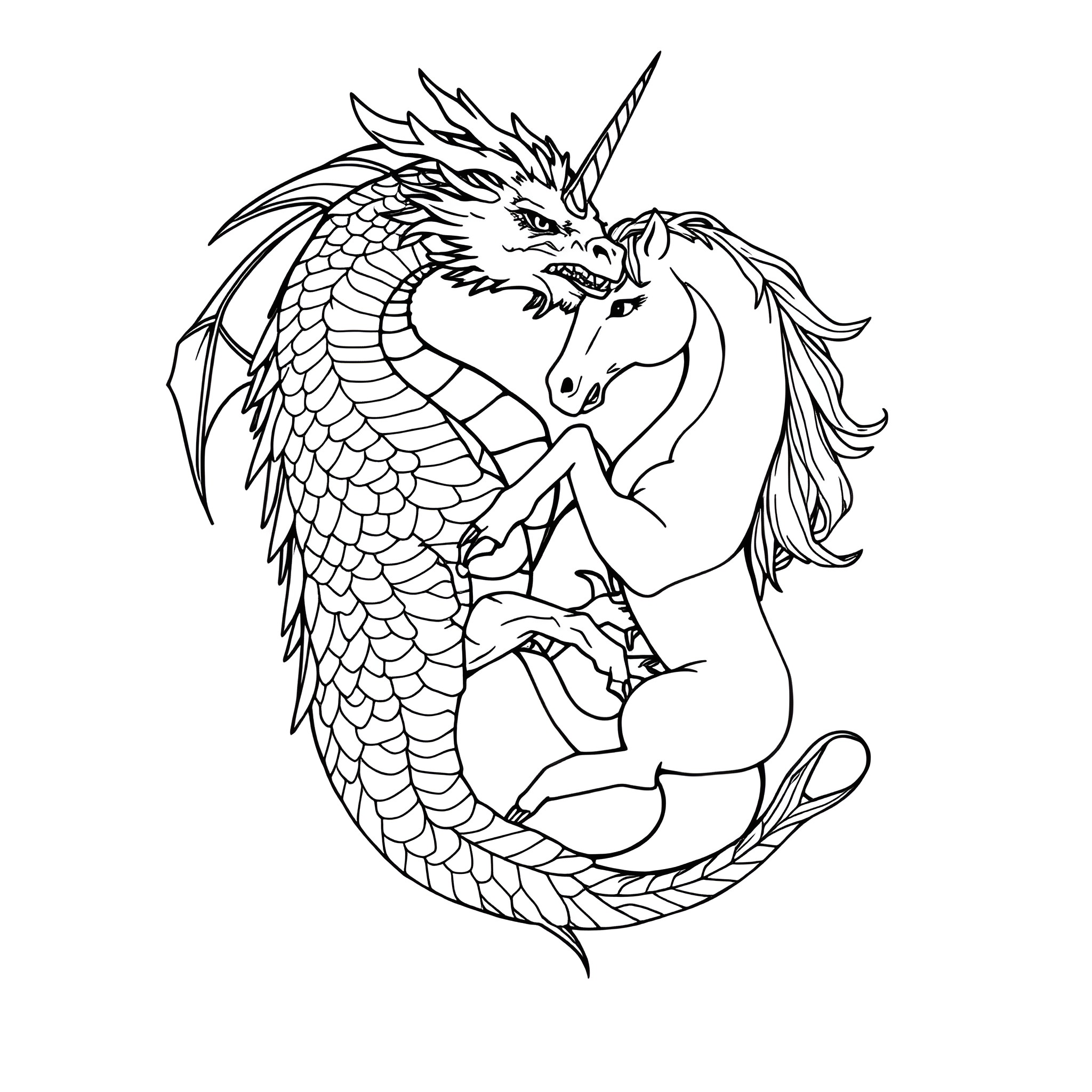 Dragon and Unicorn Intertwined in Mythical Dance Coloring Page (free black-and-white line drawing printable PDF for all, from beginners to advanced learners, including children, teens, adults, and seniors)