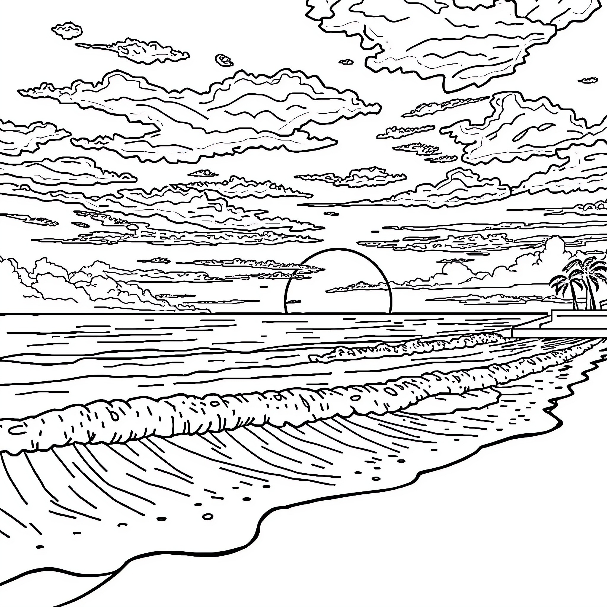 Sunset on the beach with palm trees Coloring Page (free black-and-white line drawing printable PDF for all, from beginners to advanced learners, including children, teens, adults, and seniors)