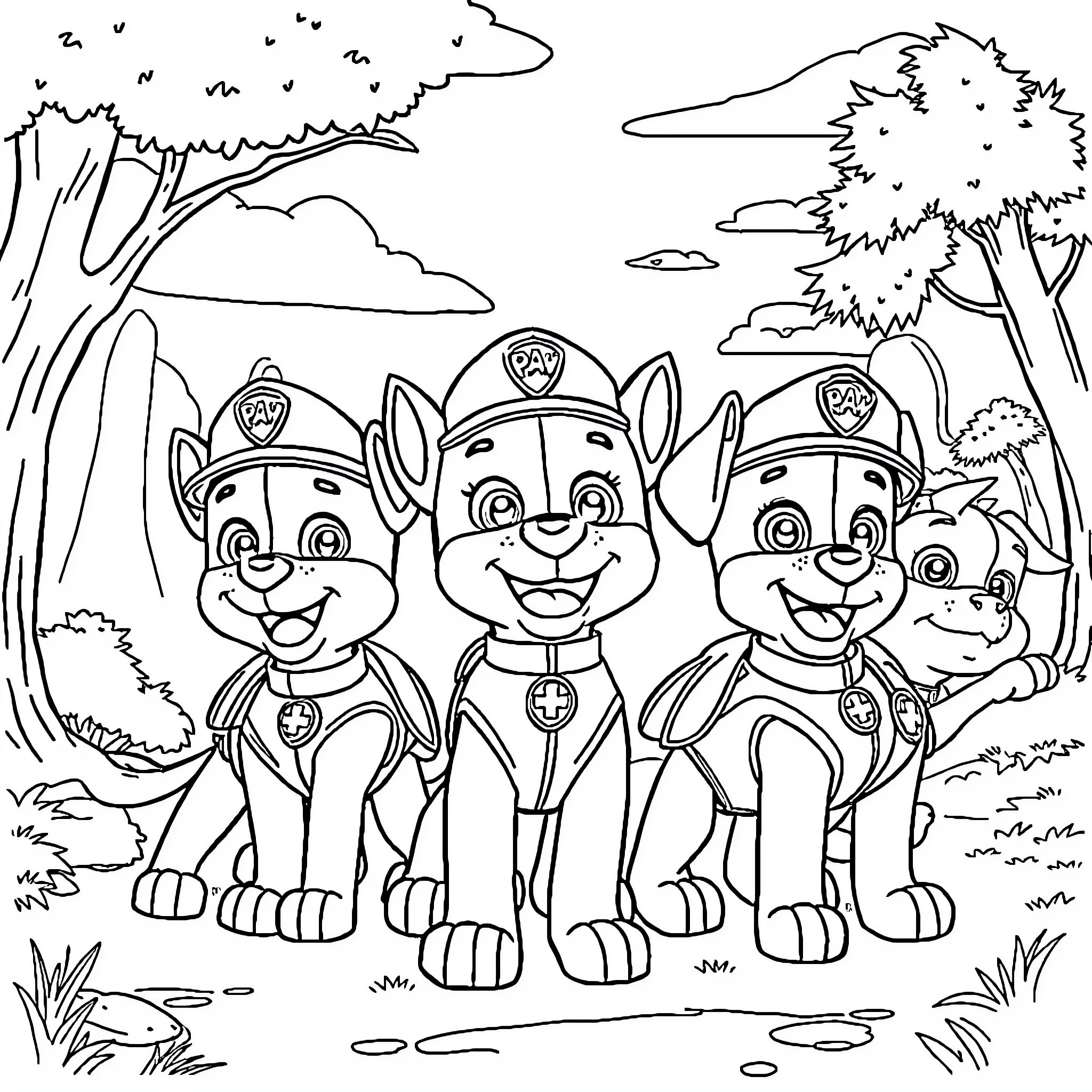 Paw Patrol pups on an adventure in the forest Coloring Page (free black-and-white line drawing printable PDF for all, from beginners to advanced learners, including children, teens, adults, and seniors)