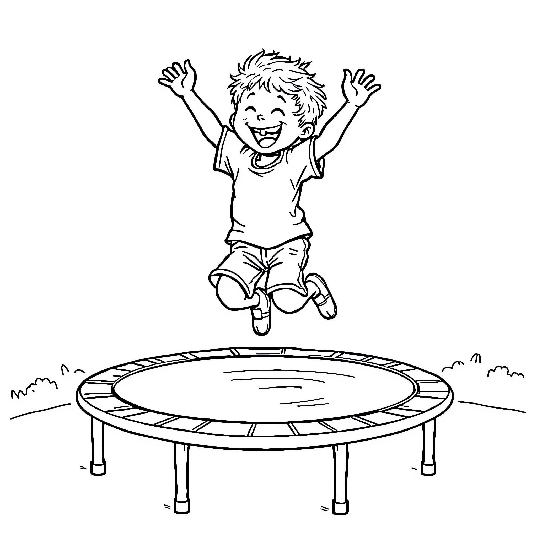 Child joyfully jumping on trampoline Coloring Page (free black-and-white line drawing printable PDF for all, from beginners to advanced learners, including children, teens, adults, and seniors)