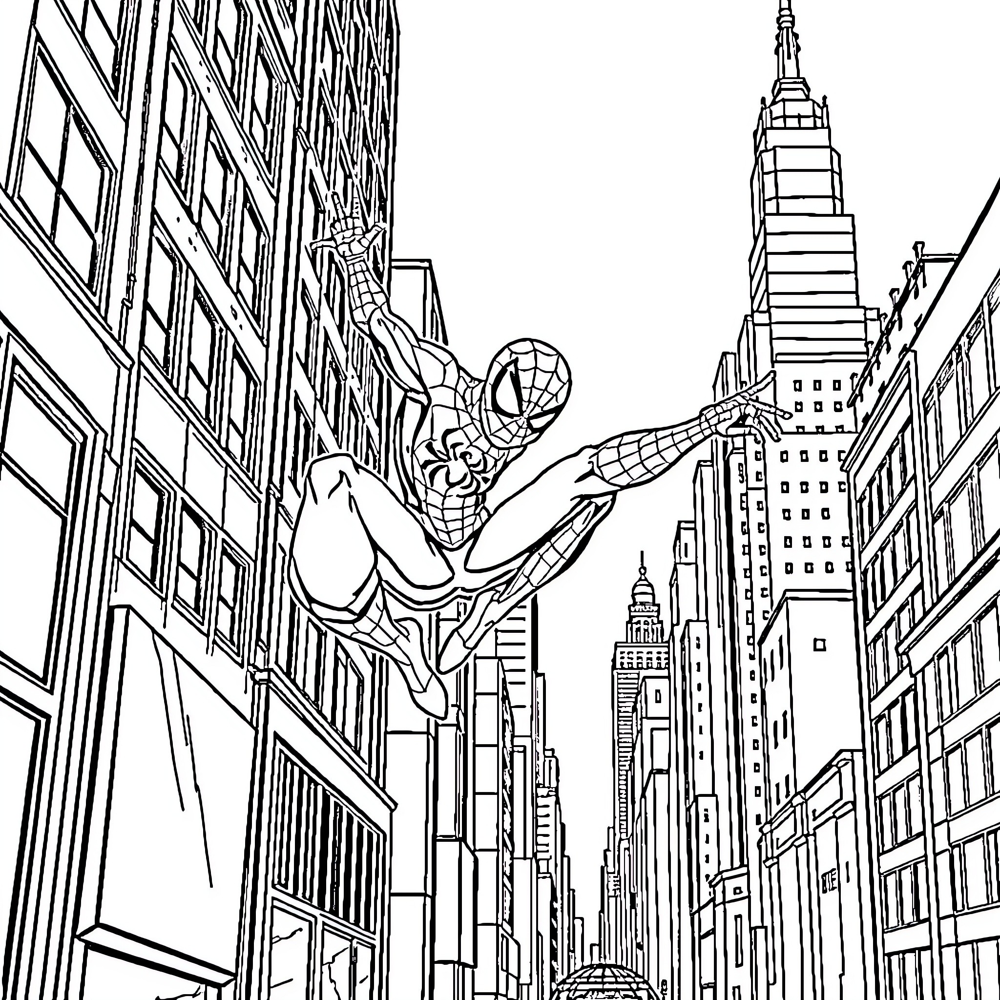 Spiderman swinging through the bustling city skyline Coloring Page (free black-and-white line drawing printable PDF for all, from beginners to advanced learners, including children, teens, adults, and seniors)
