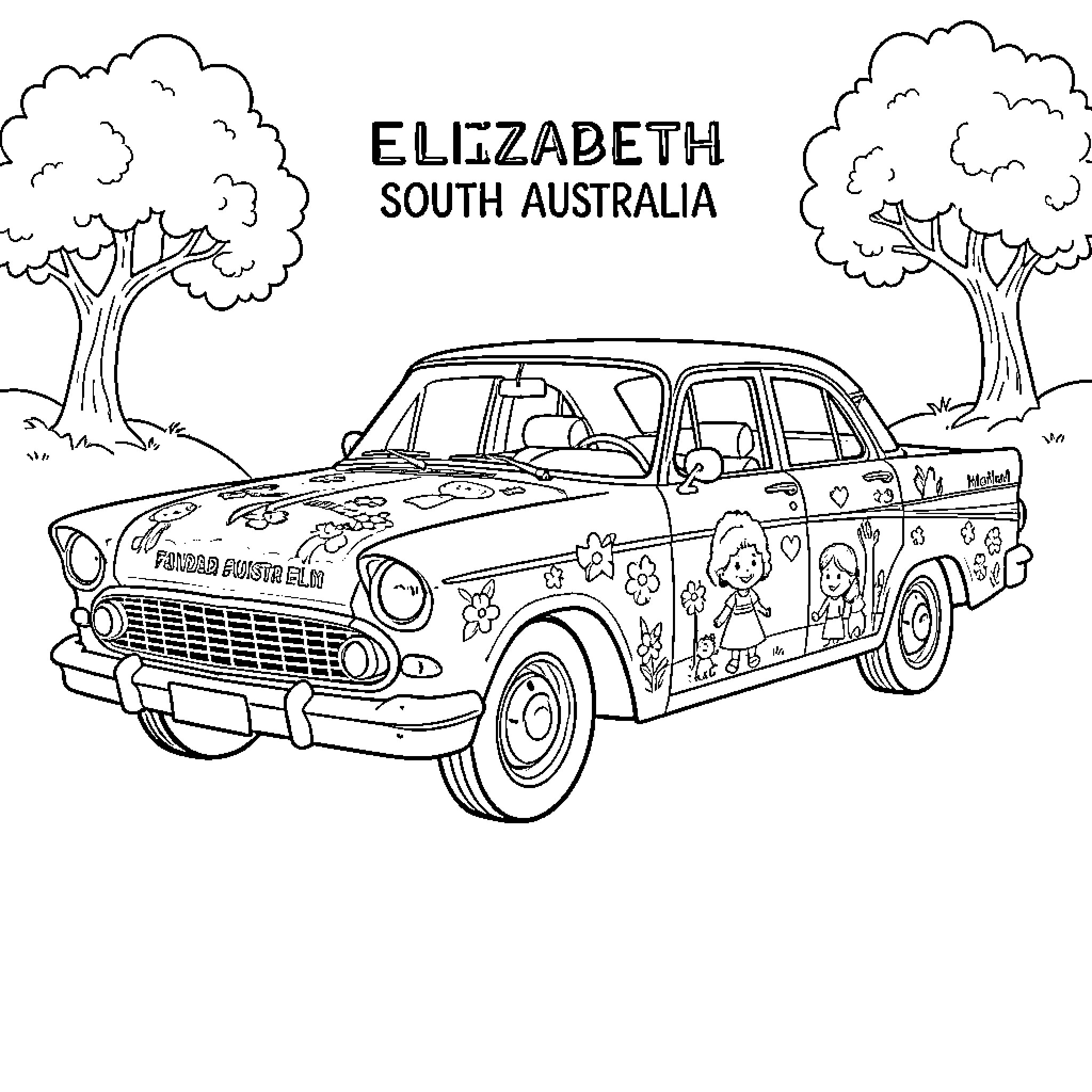 Holden car with cartoon images in Elizabeth, South Australia Coloring Page (free black-and-white line drawing printable PDF for all, from beginners to advanced learners, including children, teens, adults, and seniors)