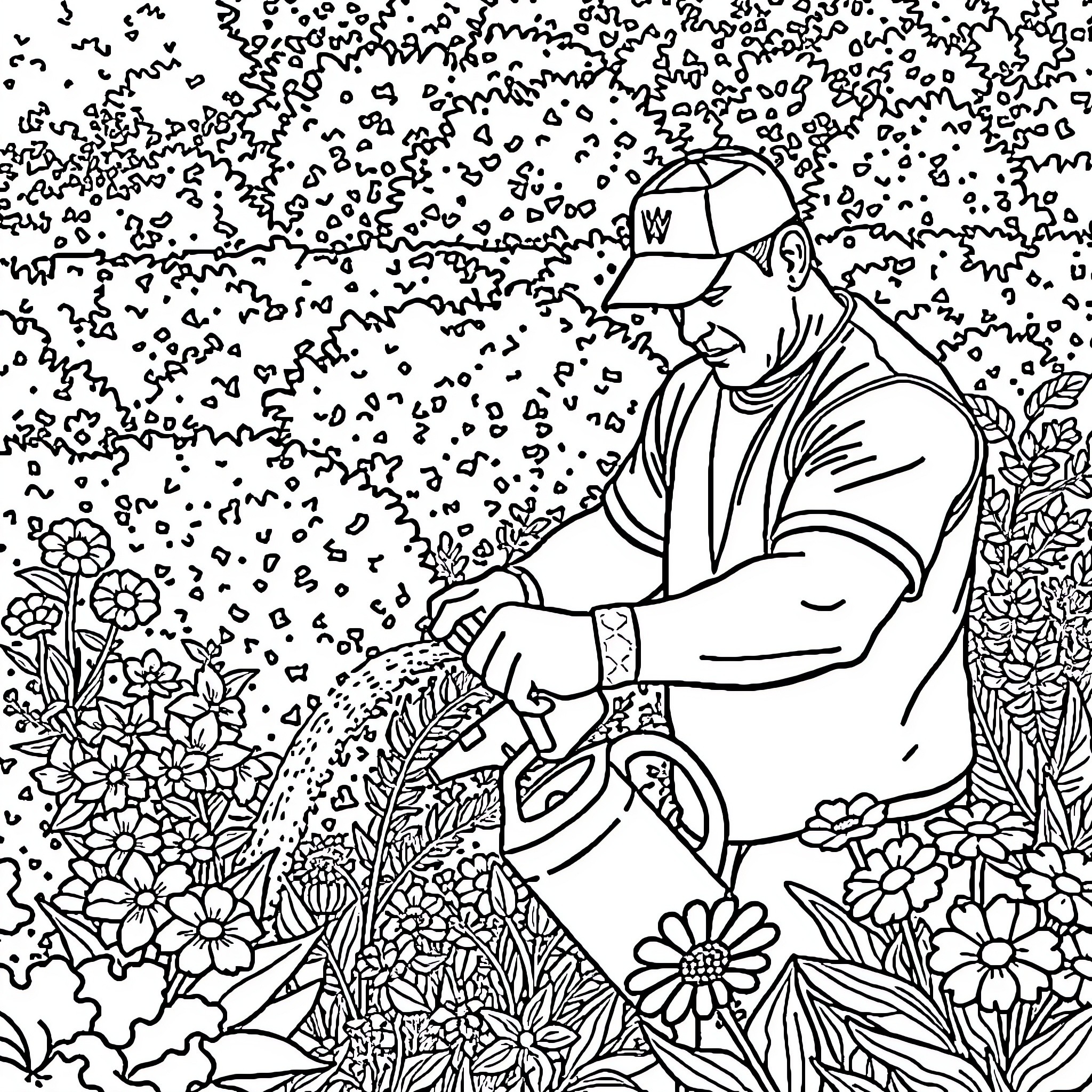 John Cena relaxing in a floral garden Coloring Page (free black-and-white line drawing printable PDF for all, from beginners to advanced learners, including children, teens, adults, and seniors)