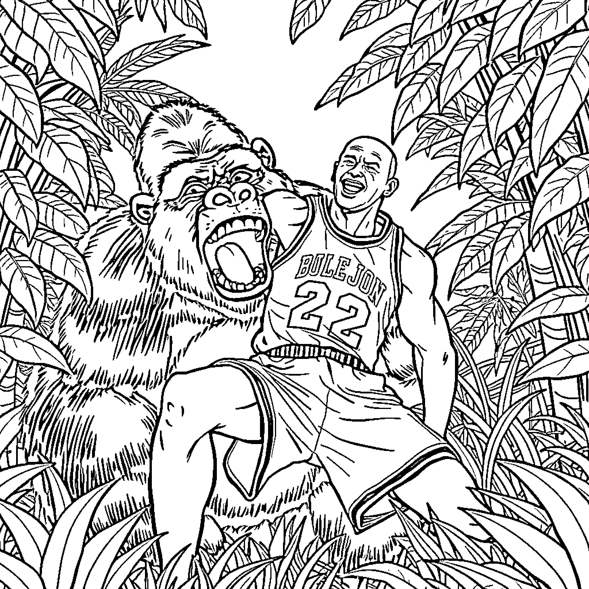 Gorilla and Basketball Player Interacting in Jungle Coloring Page (free black-and-white line drawing printable PDF for all, from beginners to advanced learners, including children, teens, adults, and seniors)