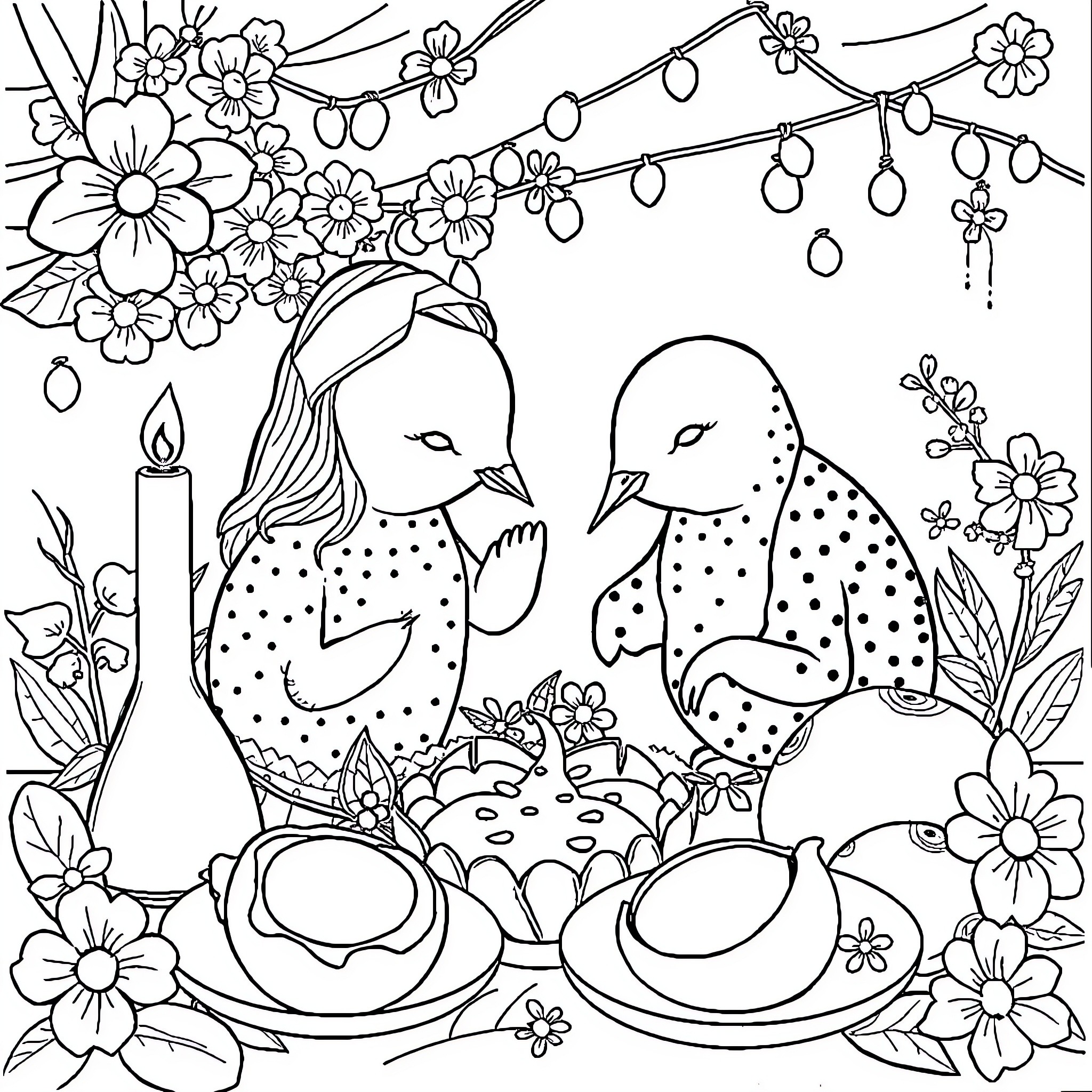 Milho - Whimsical Birds in Floral Wonderland Coloring Page (free black-and-white line drawing printable PDF for all, from beginners to advanced learners, including children, teens, adults, and seniors)