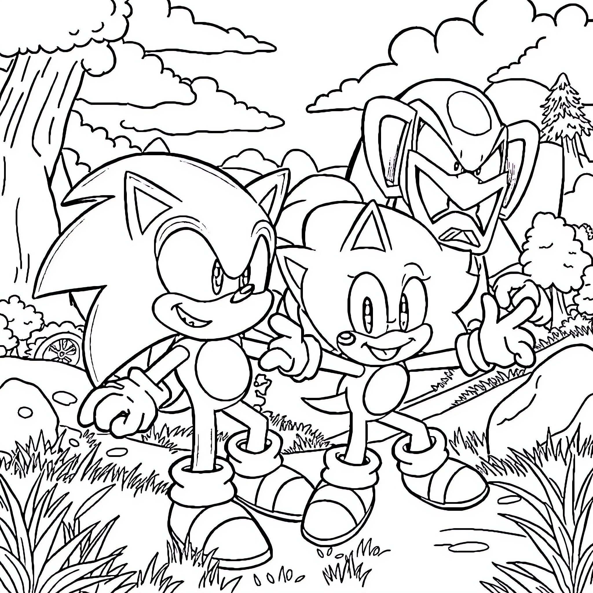 Sonic characters exploring the outdoors Coloring Page (free black-and-white line drawing printable PDF for all, from beginners to advanced learners, including children, teens, adults, and seniors)