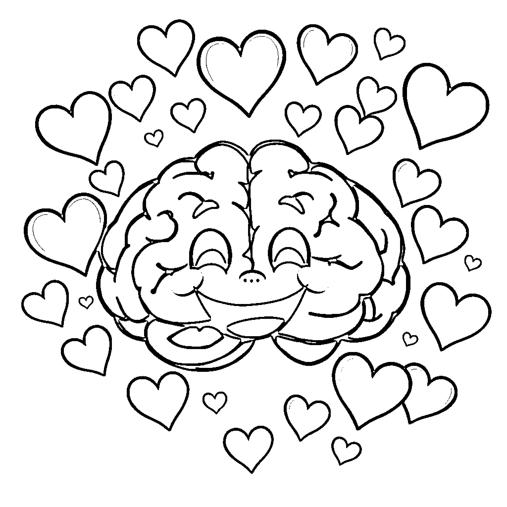Brain filled with joyful hearts Coloring Page (free black-and-white line drawing printable PDF for all, from beginners to advanced learners, including children, teens, adults, and seniors)