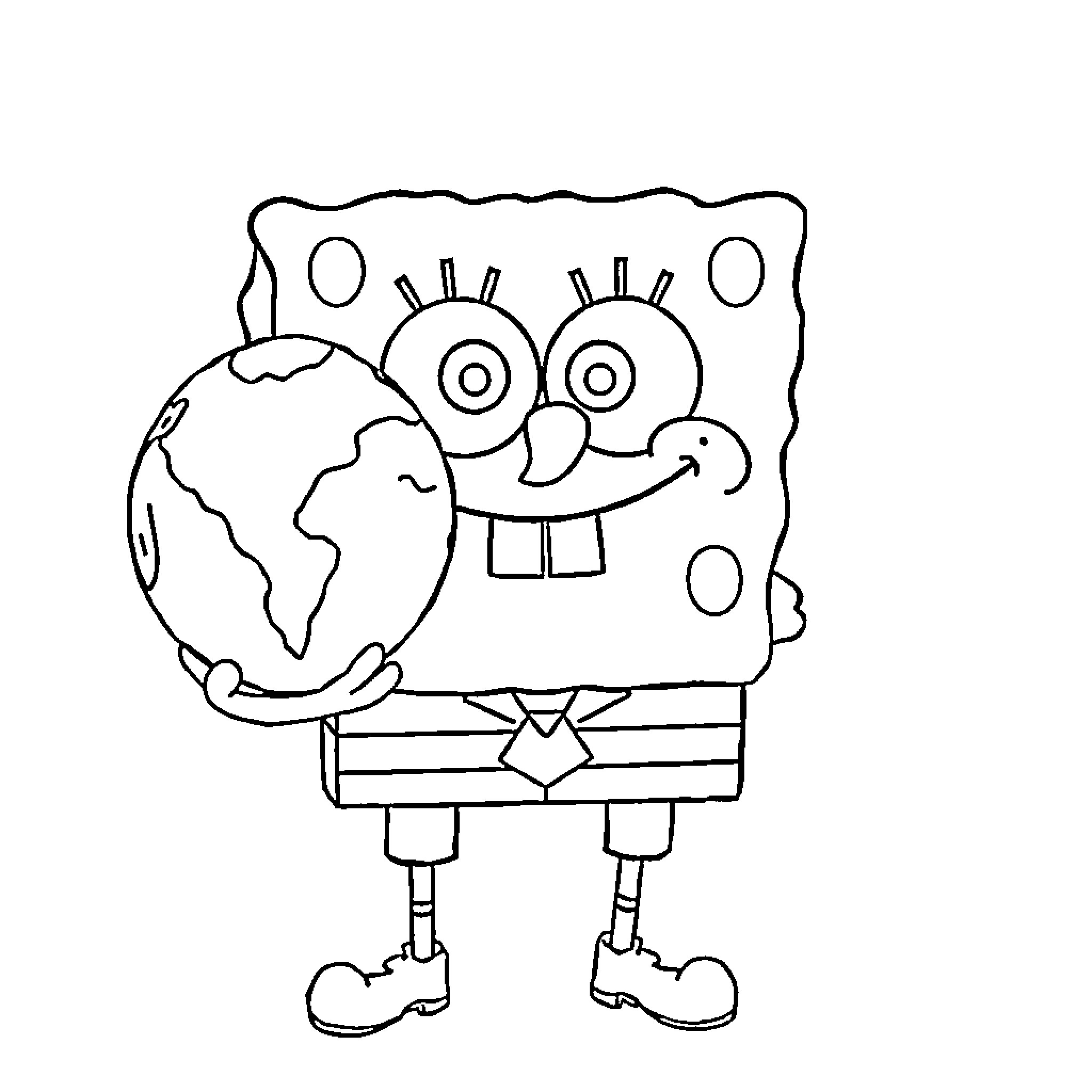 Spongebob holding the Earth globe happily Coloring Page (free black-and-white line drawing printable PDF for all, from beginners to advanced learners, including children, teens, adults, and seniors)