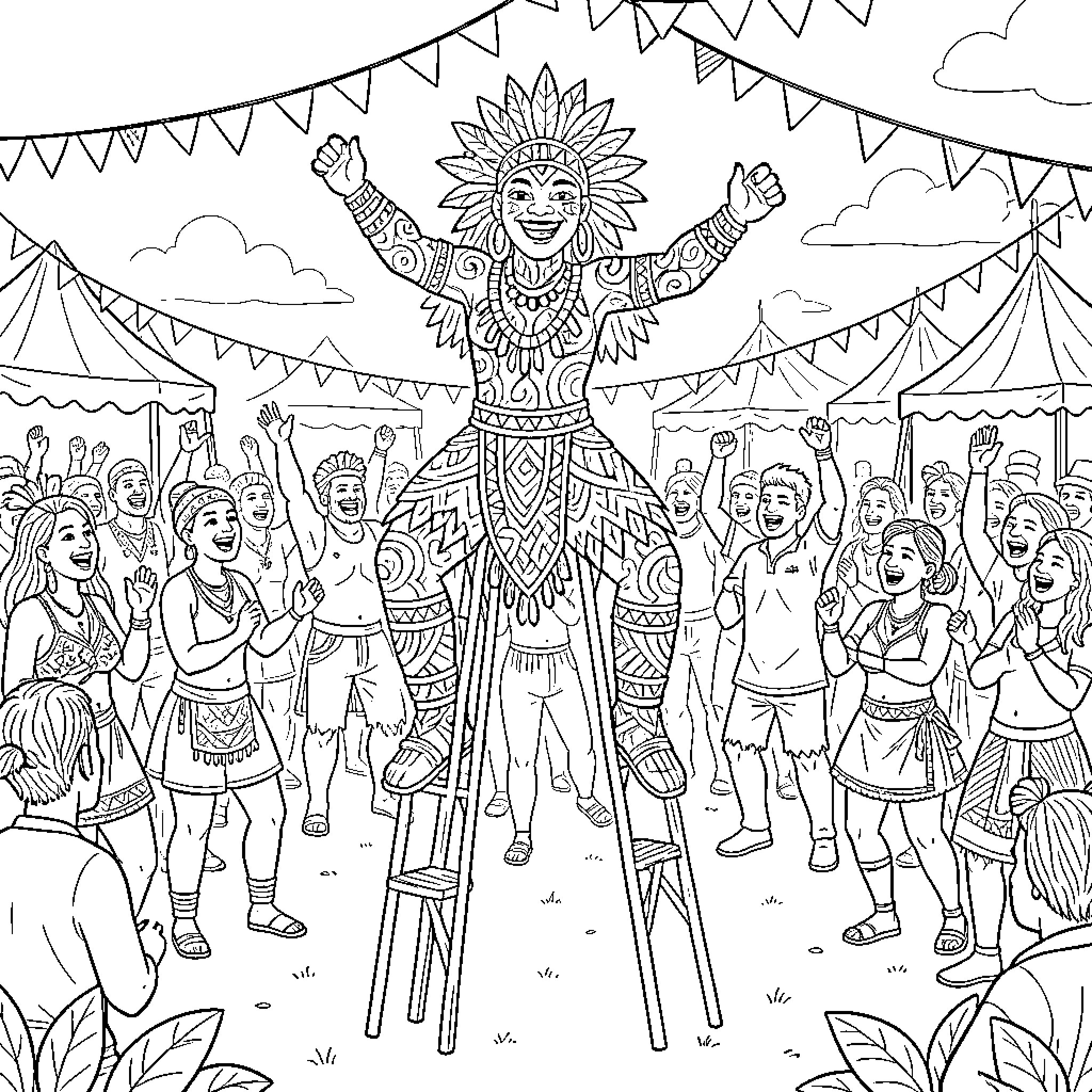 Moko Jumbie in Joyous Celebration with Onlookers Coloring Page (free black-and-white line drawing printable PDF for all, from beginners to advanced learners, including children, teens, adults, and seniors)