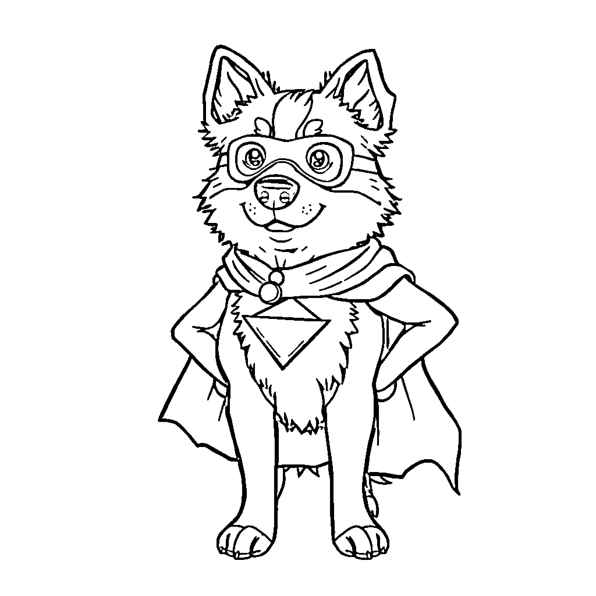 Australian Shepherd Dressed as a Superhero Coloring Page (free black-and-white line drawing printable PDF for all, from beginners to advanced learners, including children, teens, adults, and seniors)