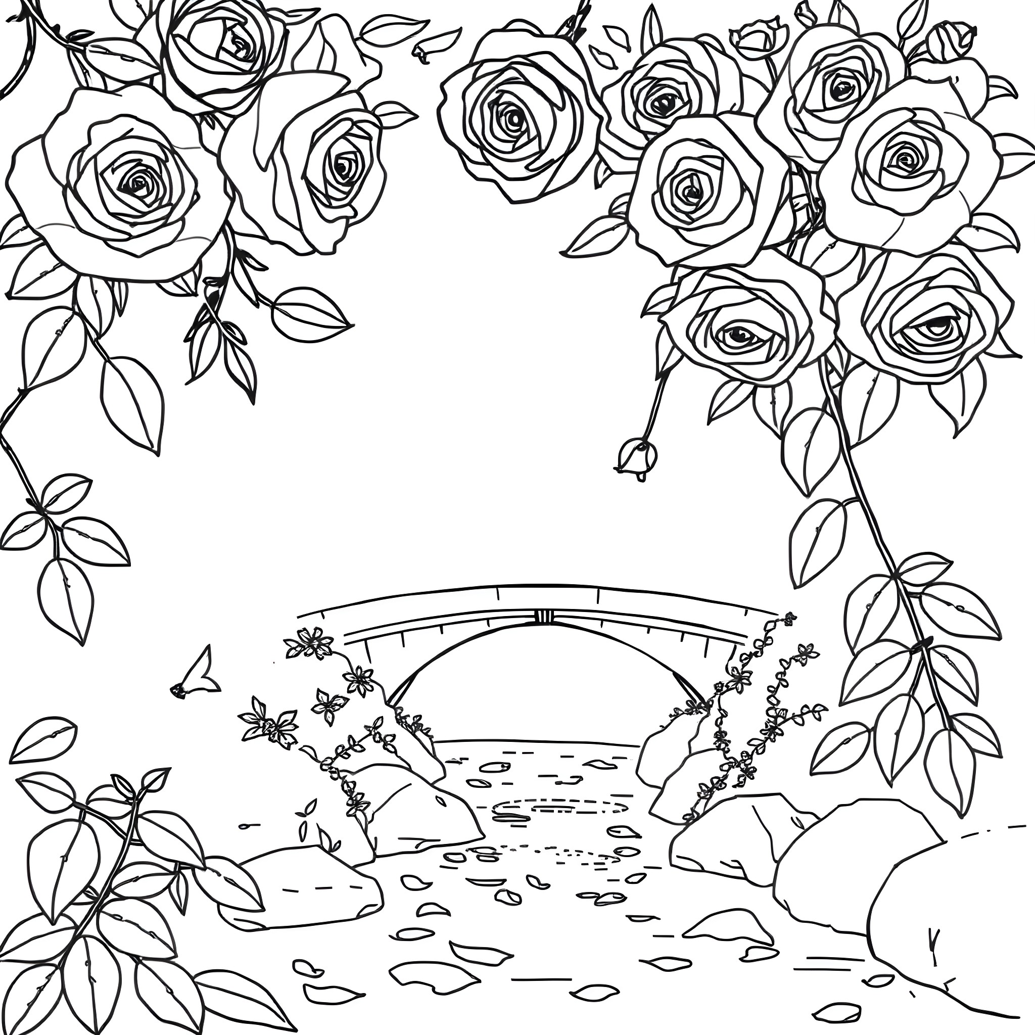 Rose Bouquet and Scenic Bridge Coloring Page (free black-and-white line drawing printable PDF for all, from beginners to advanced learners, including children, teens, adults, and seniors)