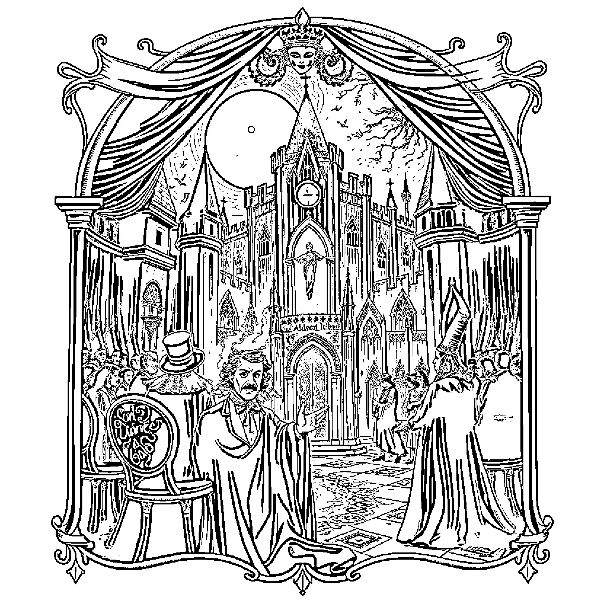 Masque of The Red Death - Phantasmagorical Procession Coloring Page (free black-and-white line drawing printable PDF for all, from beginners to advanced learners, including children, teens, adults, and seniors)