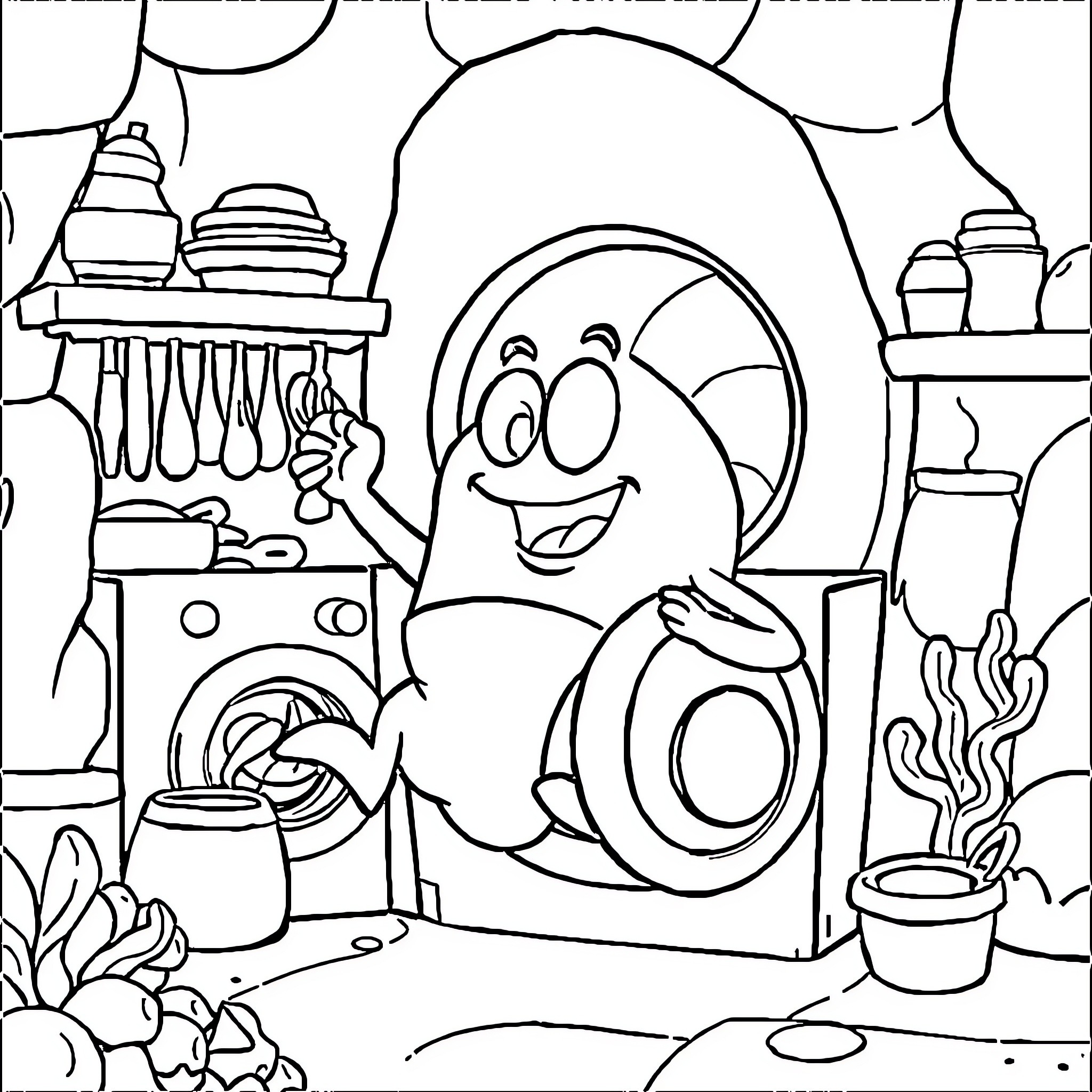 Bob l'éponge in a whimsical kitchen scene Coloring Page (free black-and-white line drawing printable PDF for all, from beginners to advanced learners, including children, teens, adults, and seniors)