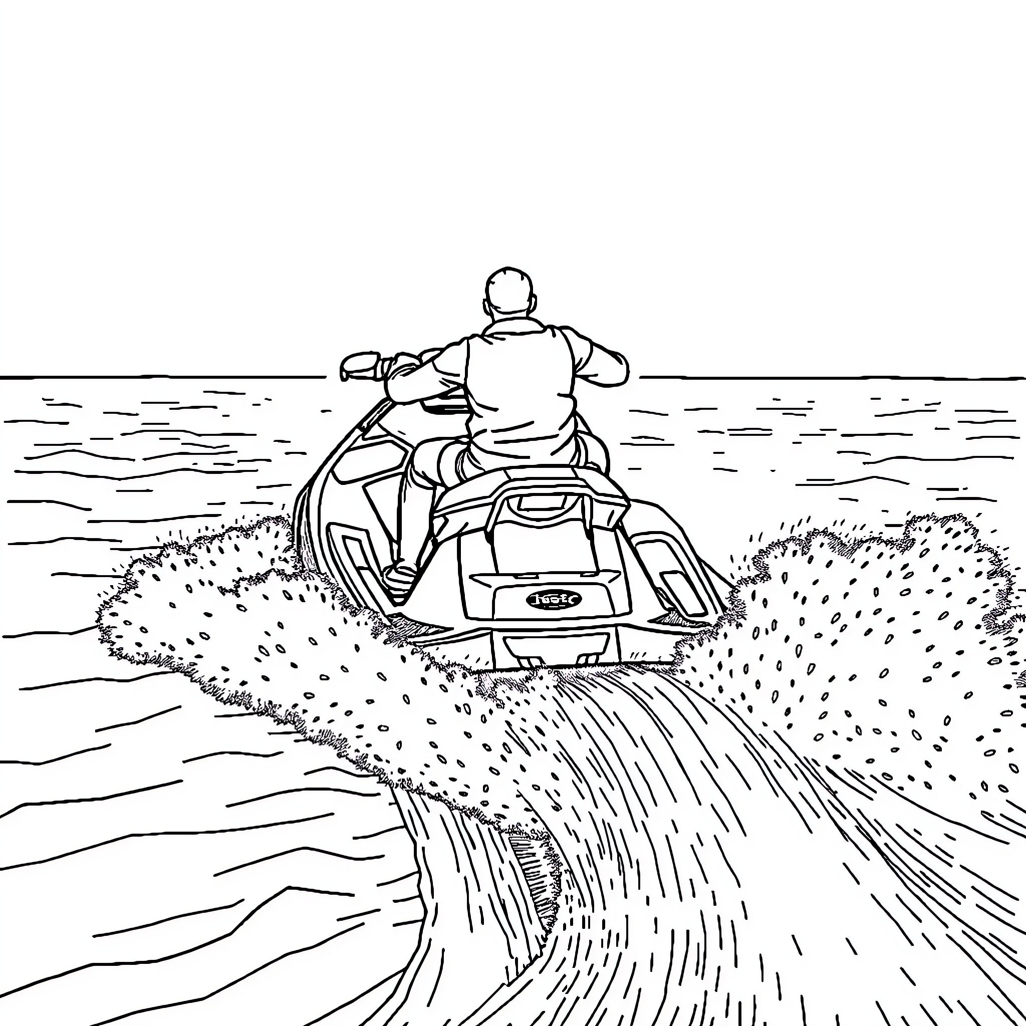 Jet Ski riding through the waves Coloring Page (free black-and-white line drawing printable PDF for all, from beginners to advanced learners, including children, teens, adults, and seniors)
