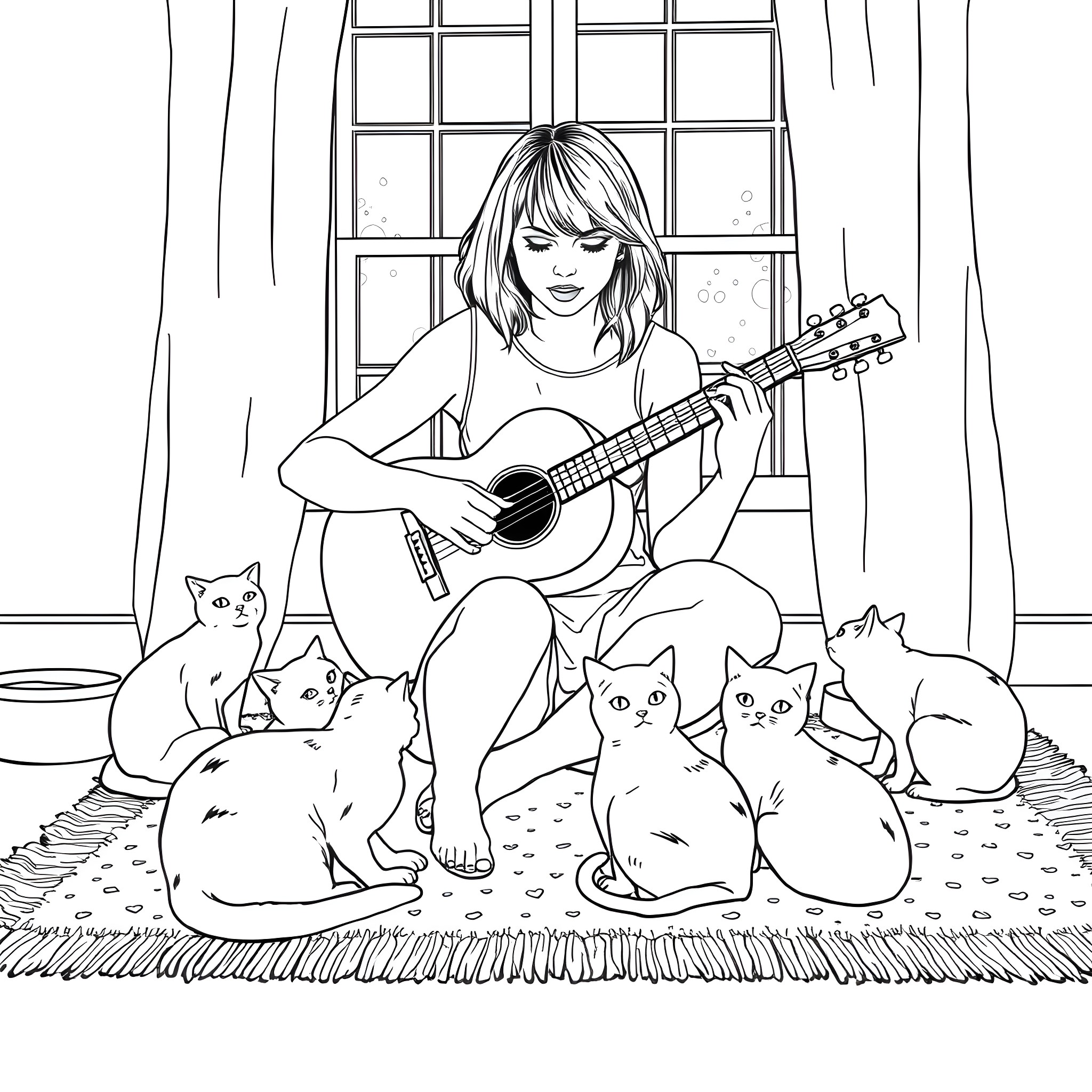 Taylor Swift playing guitar with her cats in the room Coloring Page (free black-and-white line drawing printable PDF for all, from beginners to advanced learners, including children, teens, adults, and seniors)