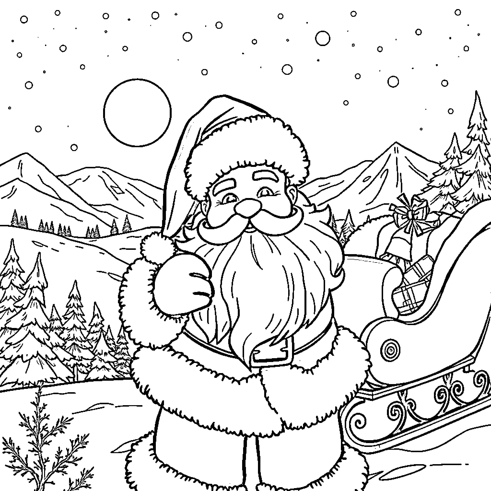 Santa Claus riding on a sleigh through a snowy landscape Coloring Page (free black-and-white line drawing printable PDF for all, from beginners to advanced learners, including children, teens, adults, and seniors)