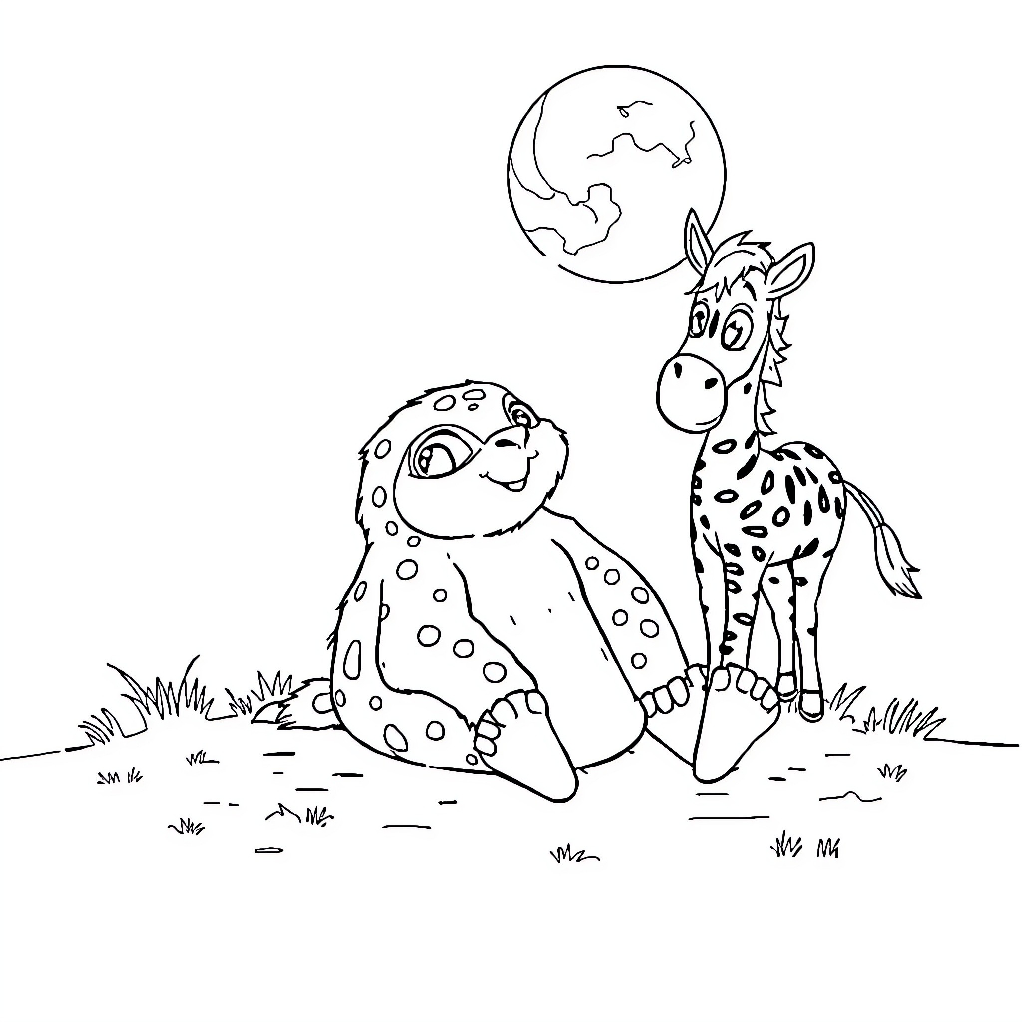 Otorongo animals playing happily in the grasslands Coloring Page (free black-and-white line drawing printable PDF for all, from beginners to advanced learners, including children, teens, adults, and seniors)