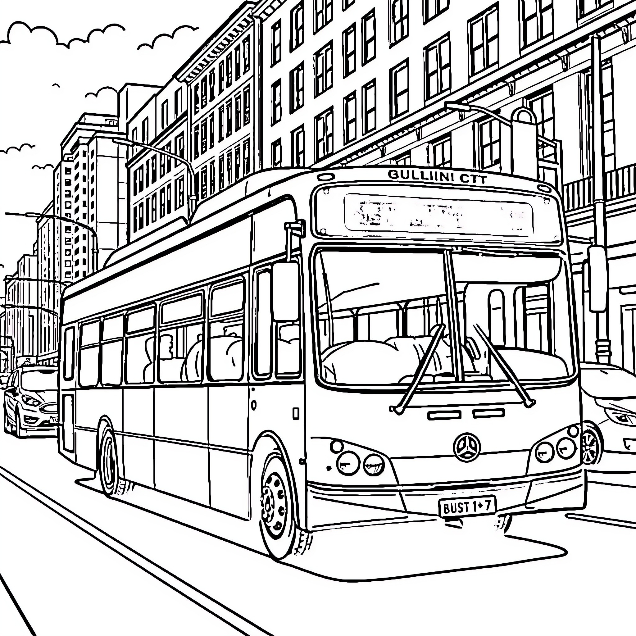 Bus Traveling Through the City Street Coloring Page (free black-and-white line drawing printable PDF for all, from beginners to advanced learners, including children, teens, adults, and seniors)