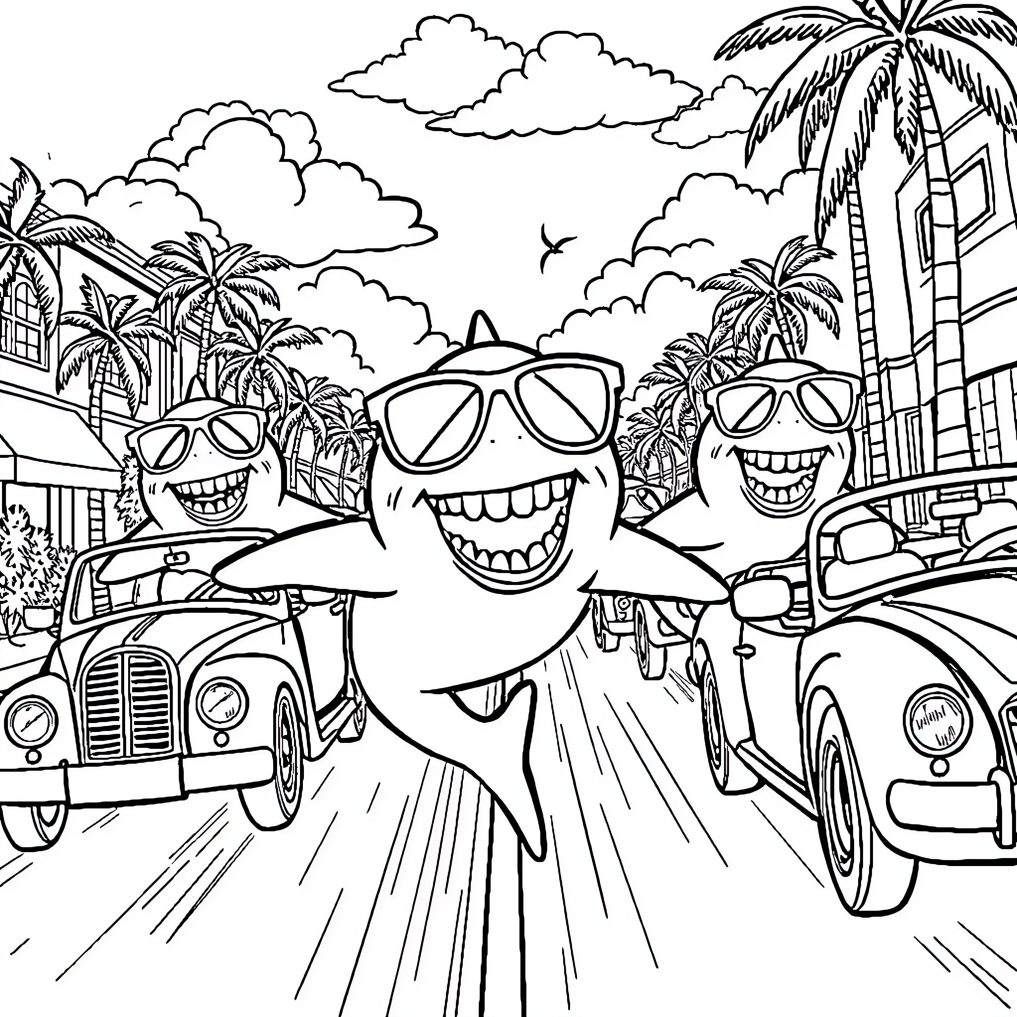 Shark trio enjoys a sunny beach trip Coloring Page (free black-and-white line drawing printable PDF for all, from beginners to advanced learners, including children, teens, adults, and seniors)