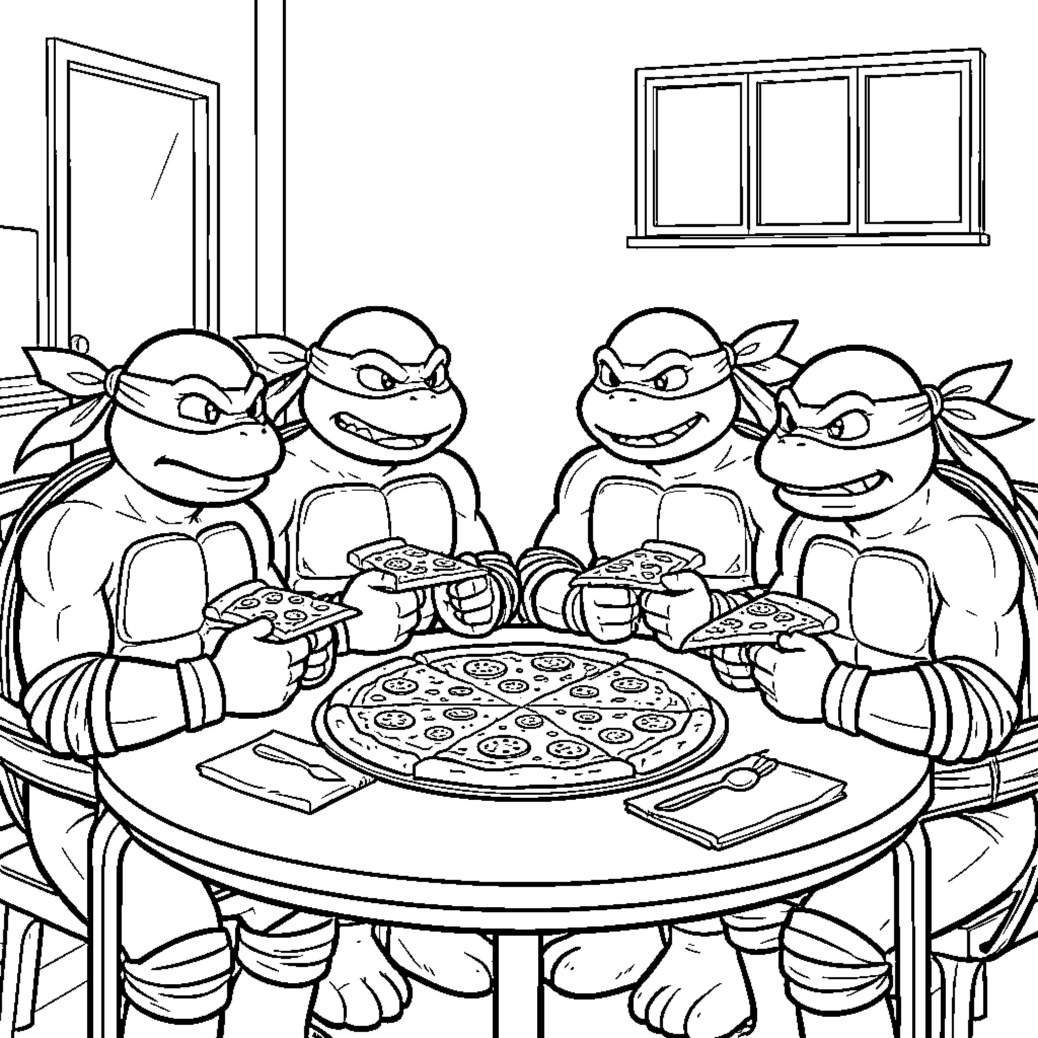 Teenage Mutant Ninja Turtles eating pizza around a table Coloring Page (free black-and-white line drawing printable PDF for all, from beginners to advanced learners, including children, teens, adults, and seniors)