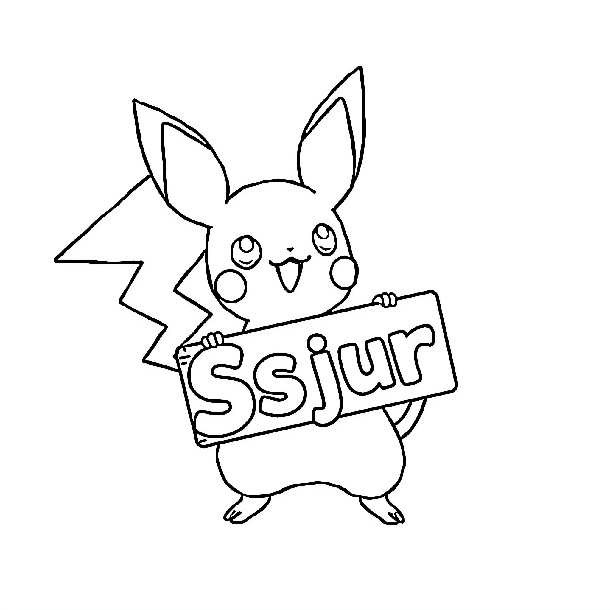 Raichu happily holding a sign Coloring Page (free black-and-white line drawing printable PDF for all, from beginners to advanced learners, including children, teens, adults, and seniors)
