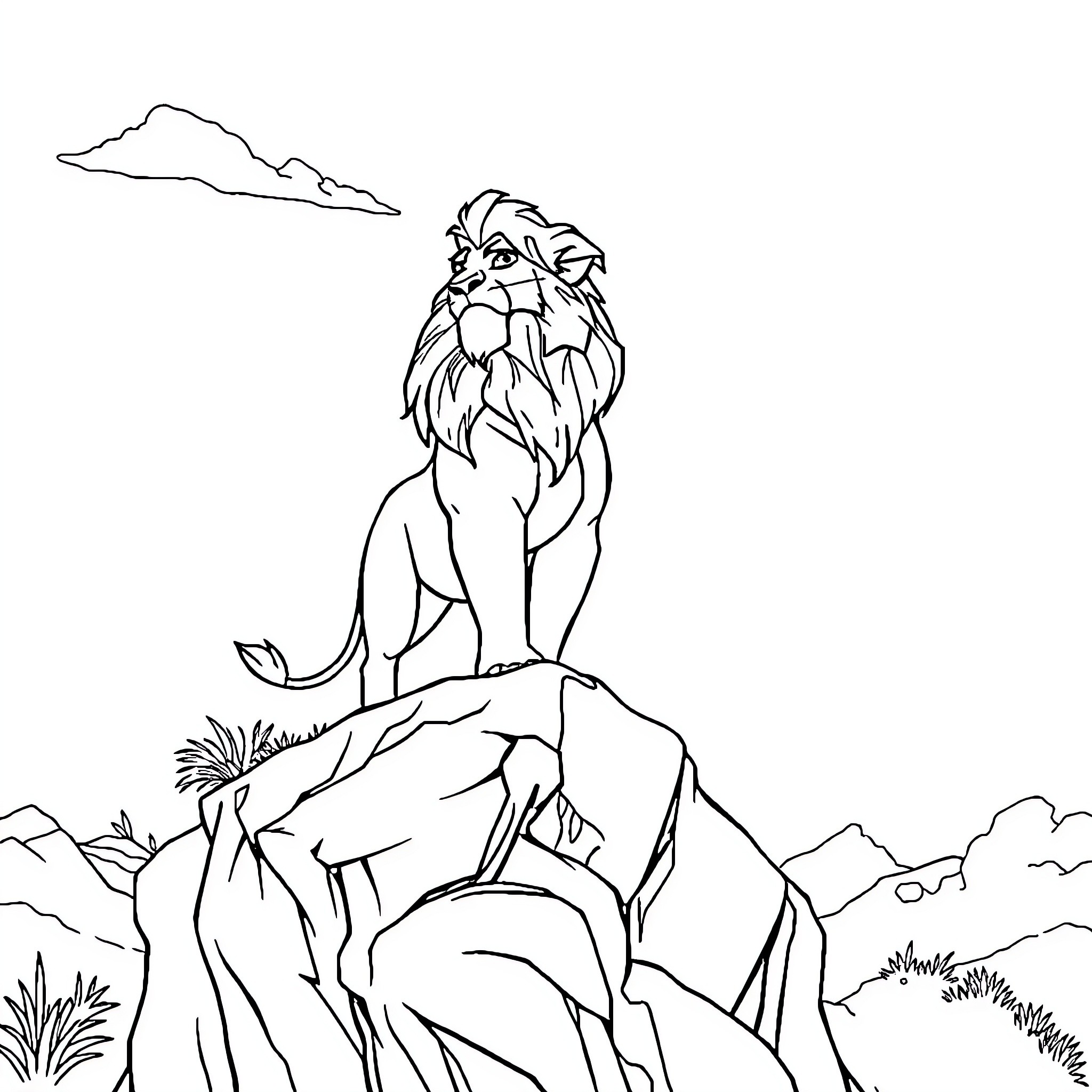 Mufasa, the Mighty Lion, Surveys His Domain Coloring Page (free black-and-white line drawing printable PDF for all, from beginners to advanced learners, including children, teens, adults, and seniors)